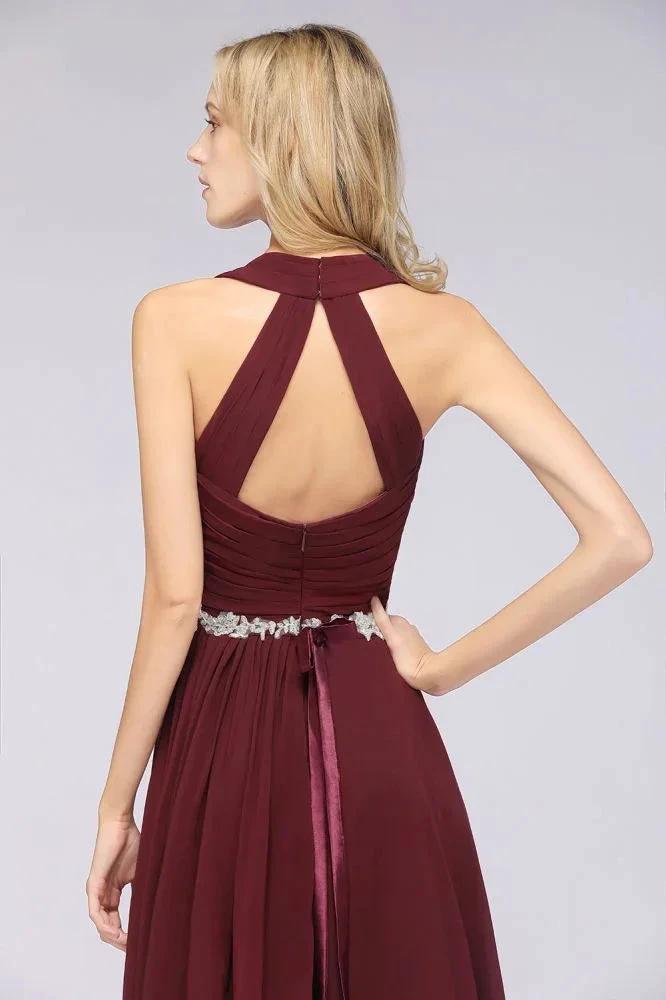 Halter V-Neck Sleeveless Ruffle Bridesmaid Dress with Appliques Sashes Evening Swing Dress (ZD13120)