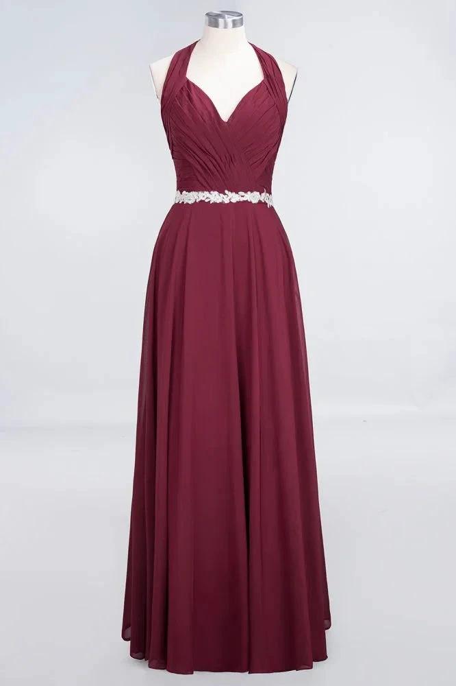 Halter V-Neck Sleeveless Ruffle Bridesmaid Dress with Appliques Sashes Evening Swing Dress (ZD13120)