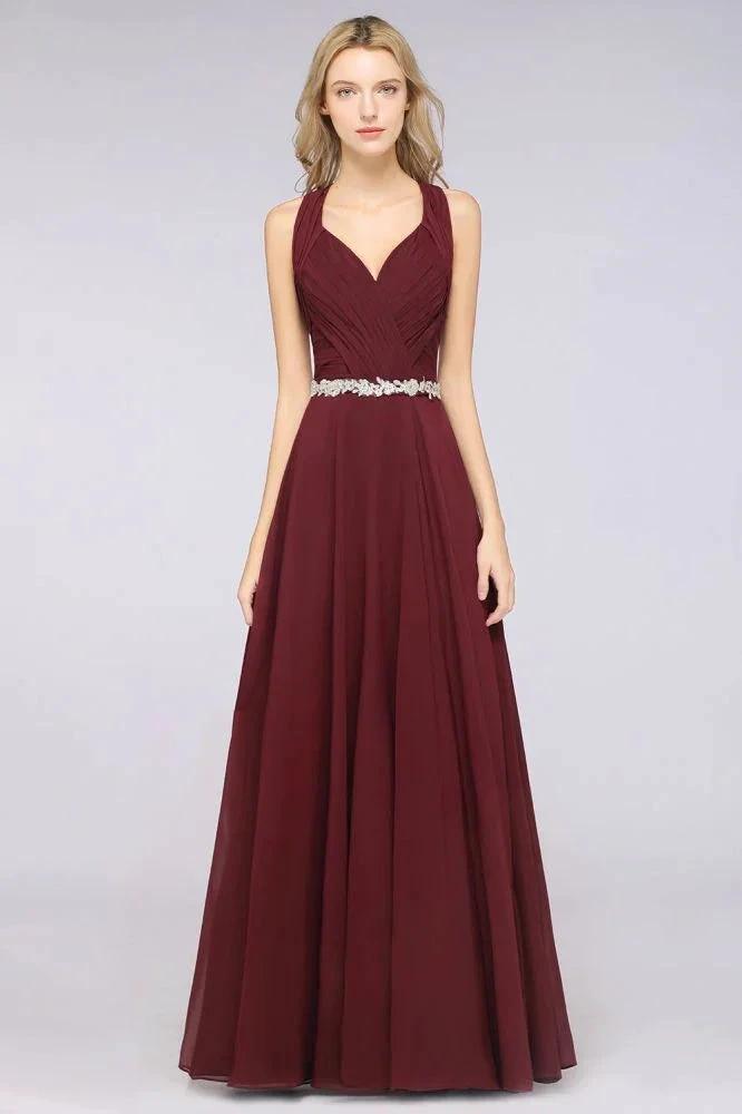 Halter V-Neck Sleeveless Ruffle Bridesmaid Dress with Appliques Sashes Evening Swing Dress by misshow.com