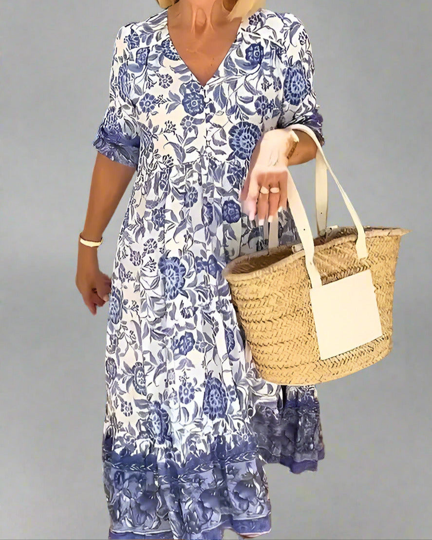 Úrsula Elegant Floral Dress with V-neck for Women Vacation Beach Look