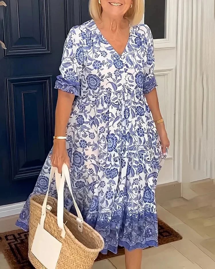 Úrsula Elegant Floral Dress with V-neck for Women Vacation Beach Look