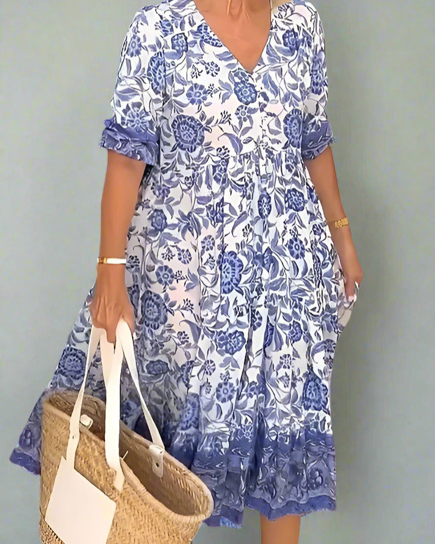Úrsula Elegant Floral Dress with V-neck for Women Vacation Beach Look