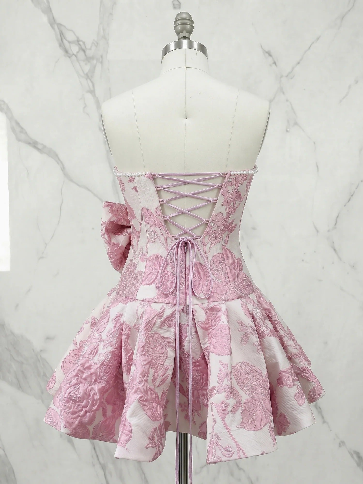Strapless Pearl-Trimmed Floral Jacquard Short Homecoming Dresses with Side Bow