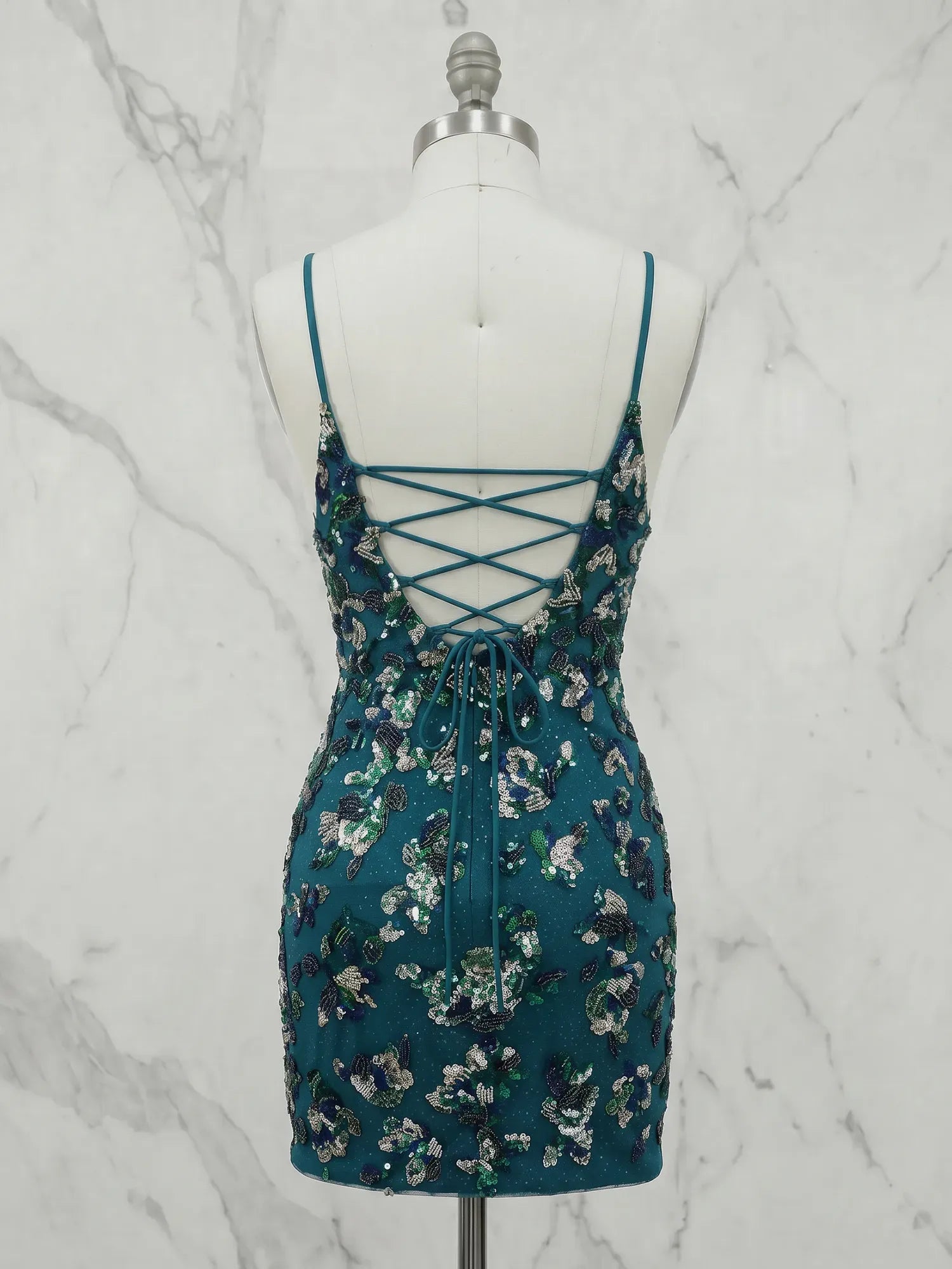 V-Neck Floral Beaded Lace-Up Mini Bodycon Homecoming Dresses