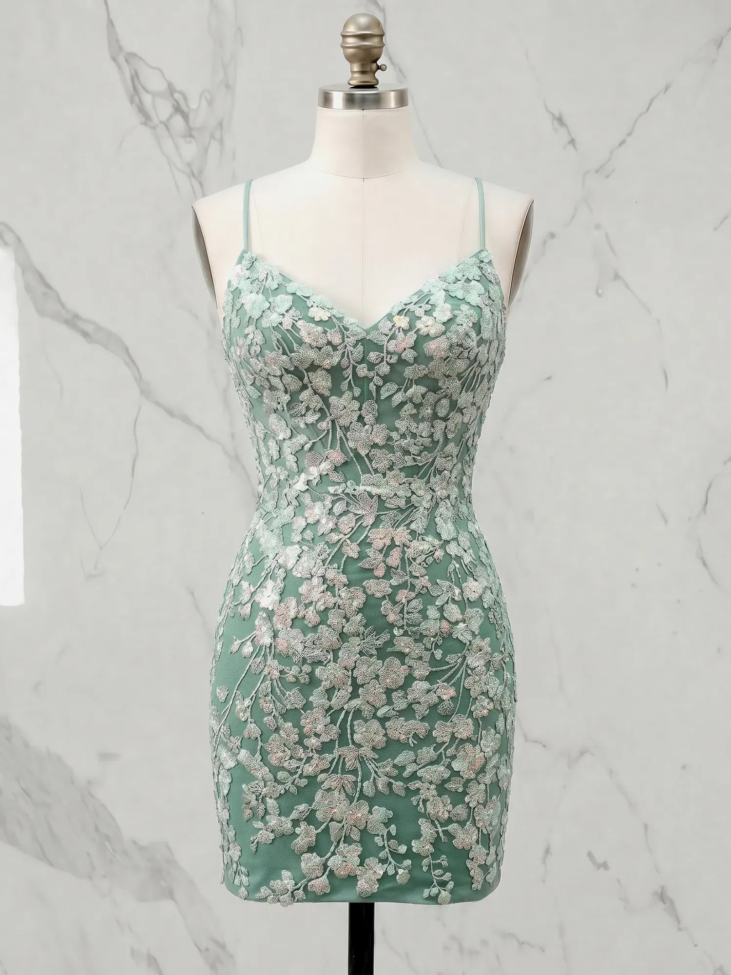 V-Neck Floral Embroidery Lace-Up Back Short Bodycon Homecoming Dresses