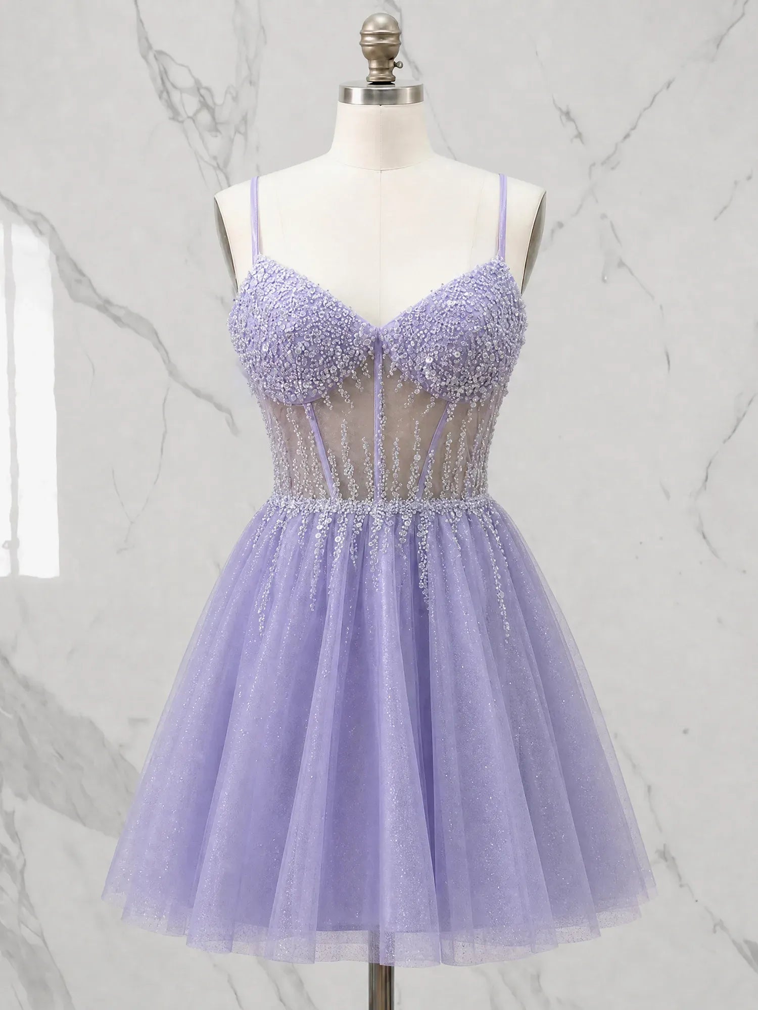 V-Neck Crystal Beaded Corset Tulle Mini Homecoming Dresses