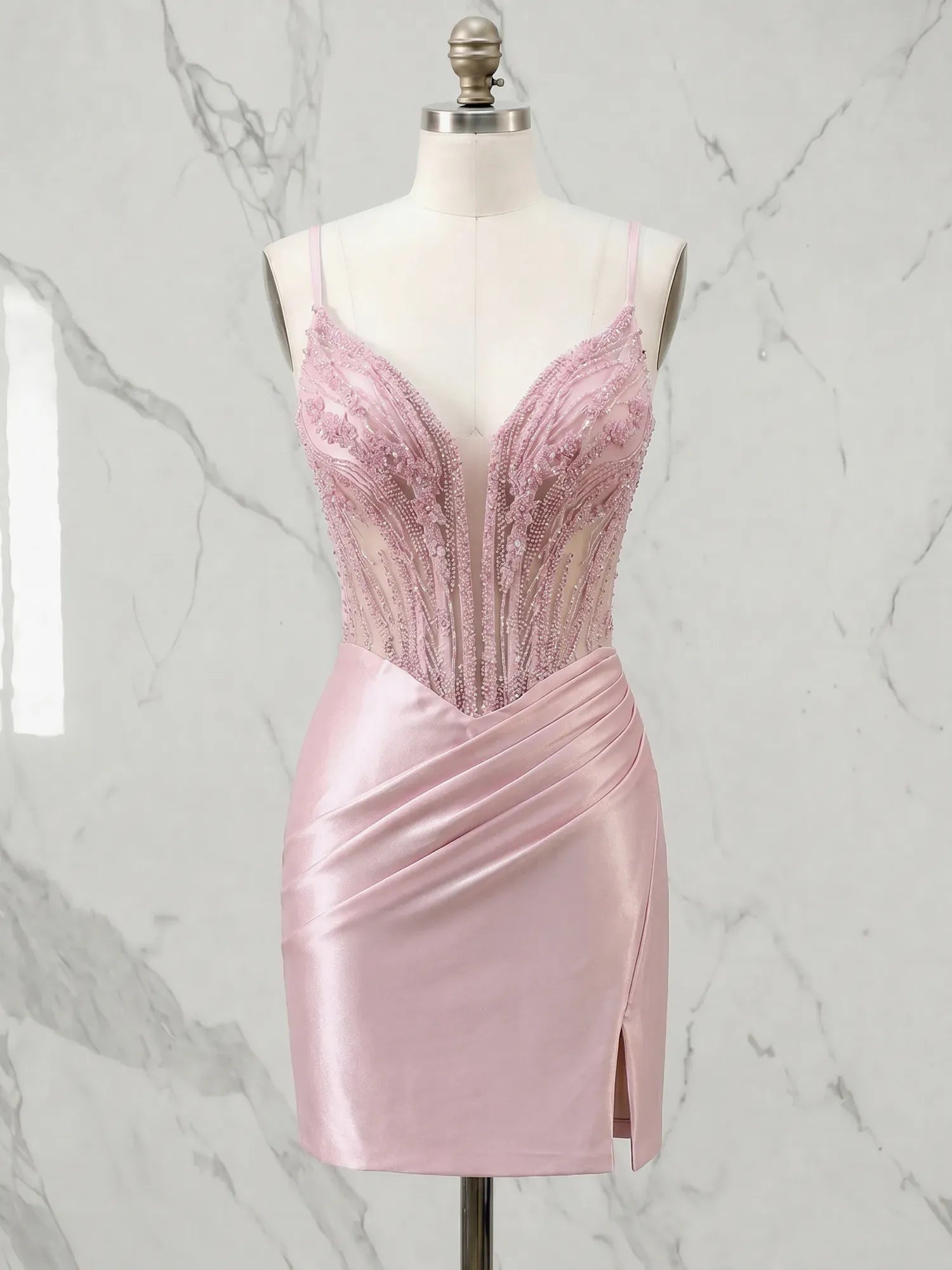 Beaded Corset Satin Mini Homecoming Dresses with Slit