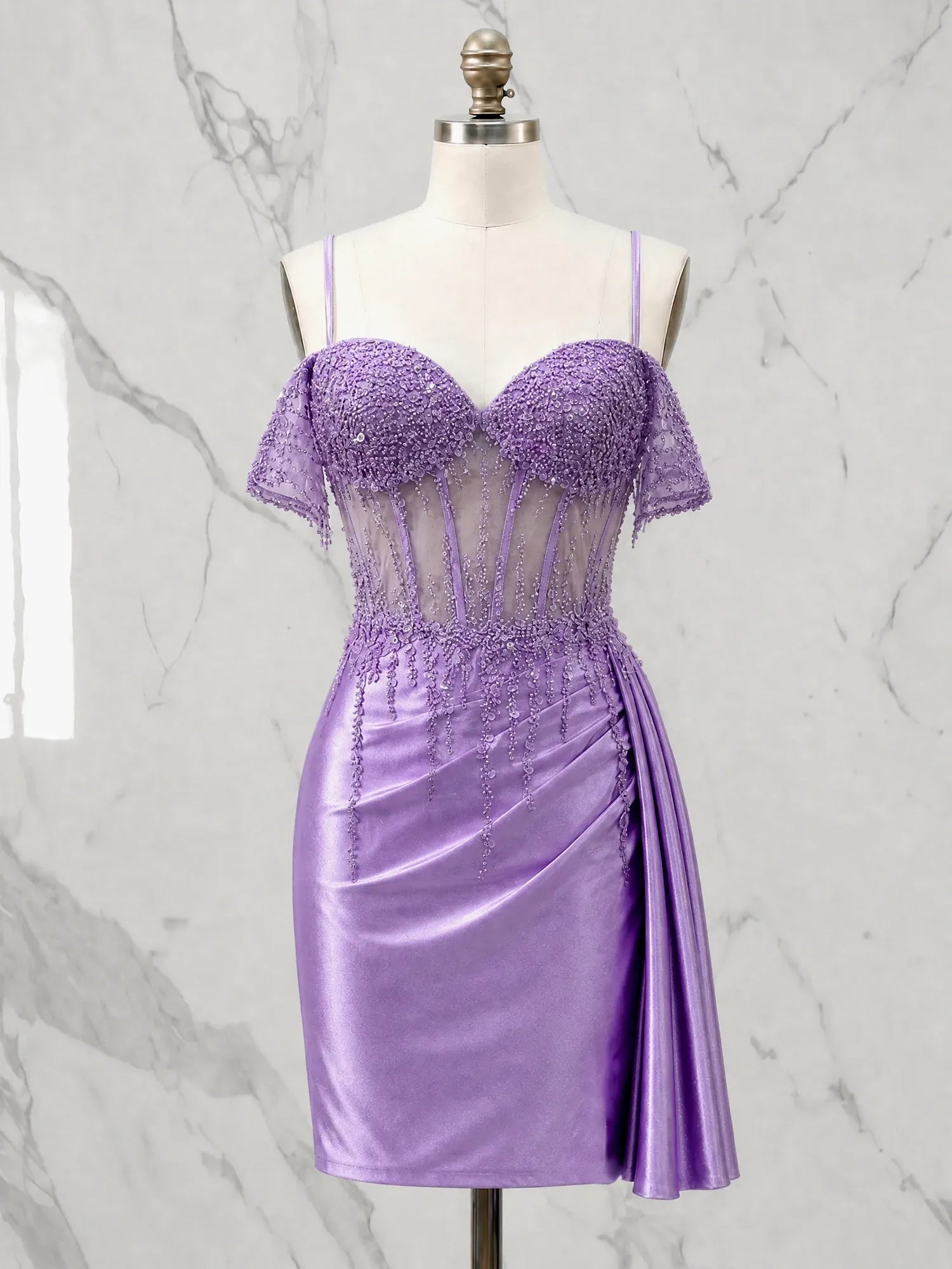 Cold Shoulder Beaded Corset Satin Short Homecoming Dresses