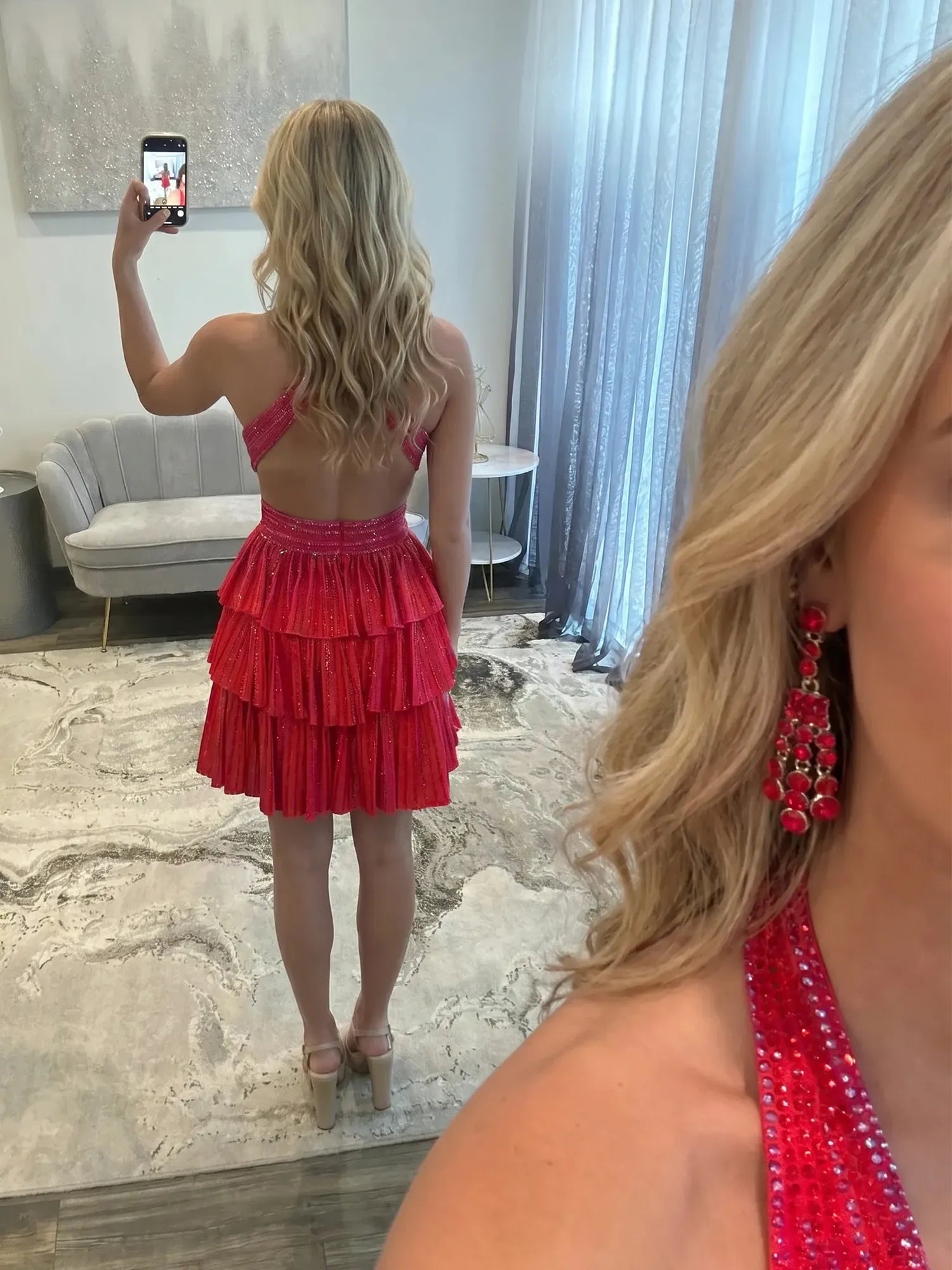 Halter Deep V-Neck Rhinestone Striped Tiered Ruffle Mini Dress Homecoming Dresses