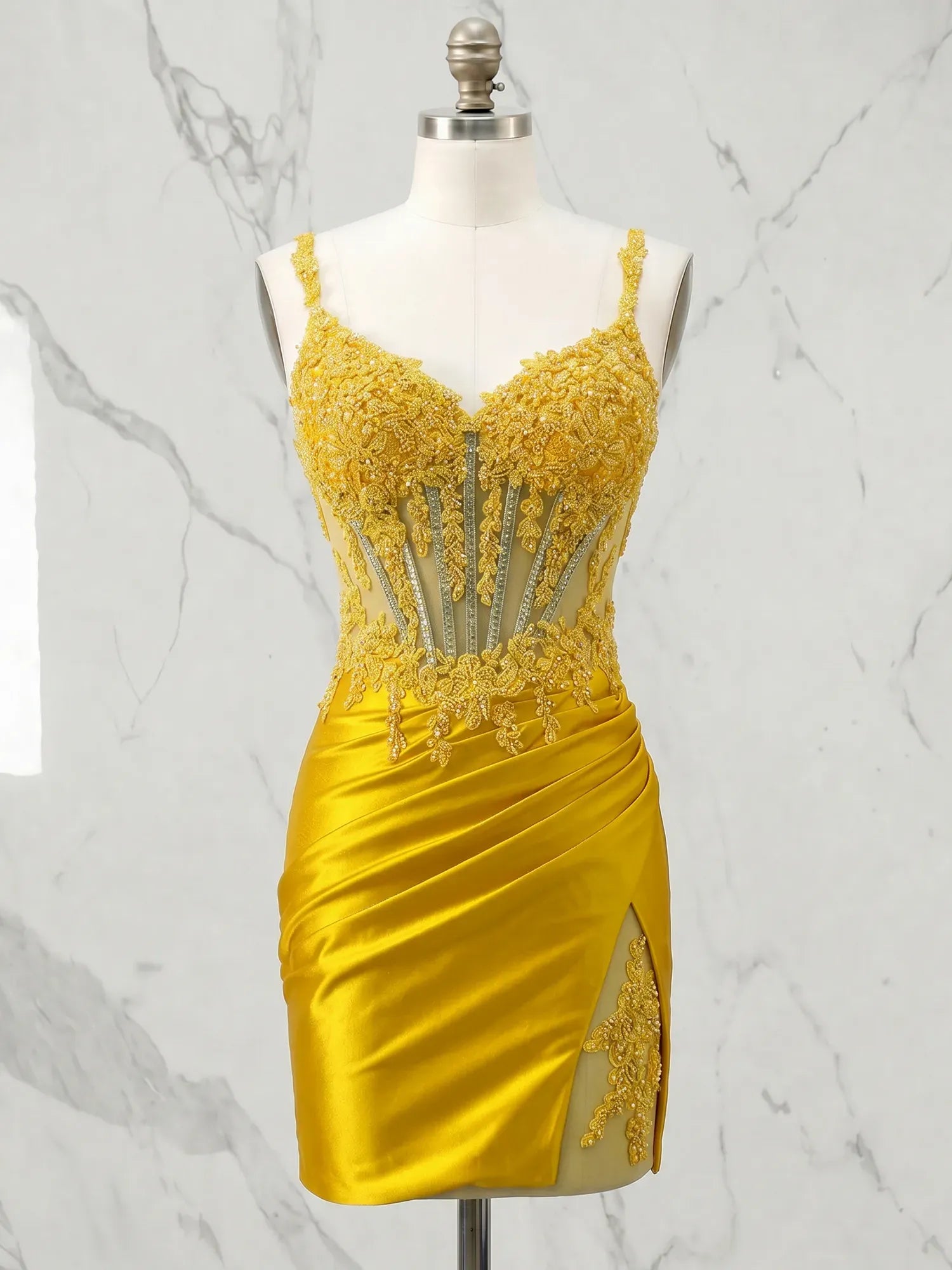 Spaghetti Strap Beaded Tulle A-Line Short Homecoming Dresses