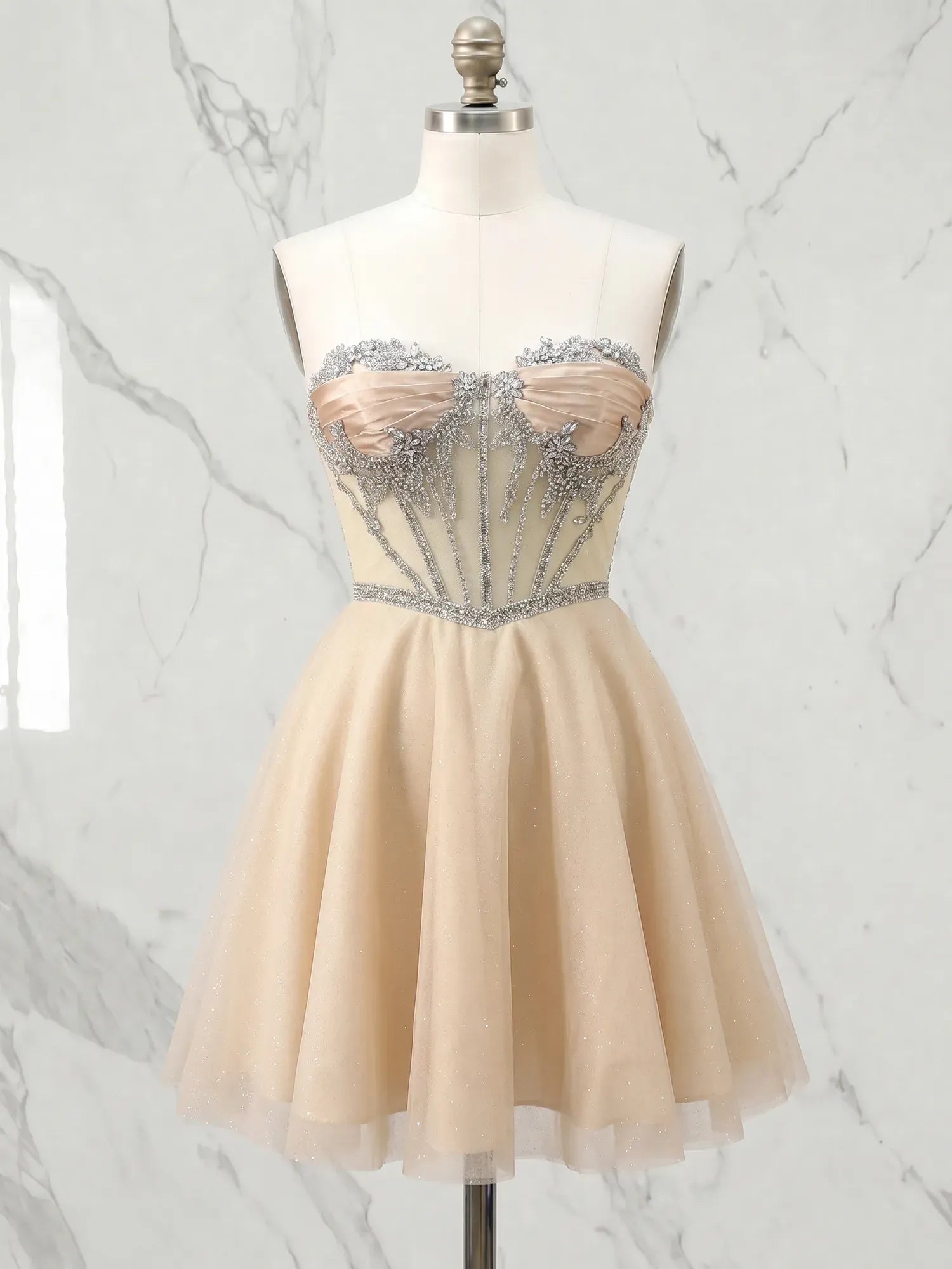 Strapless Crystal Embellished Sheer Corset Homecoming Dress