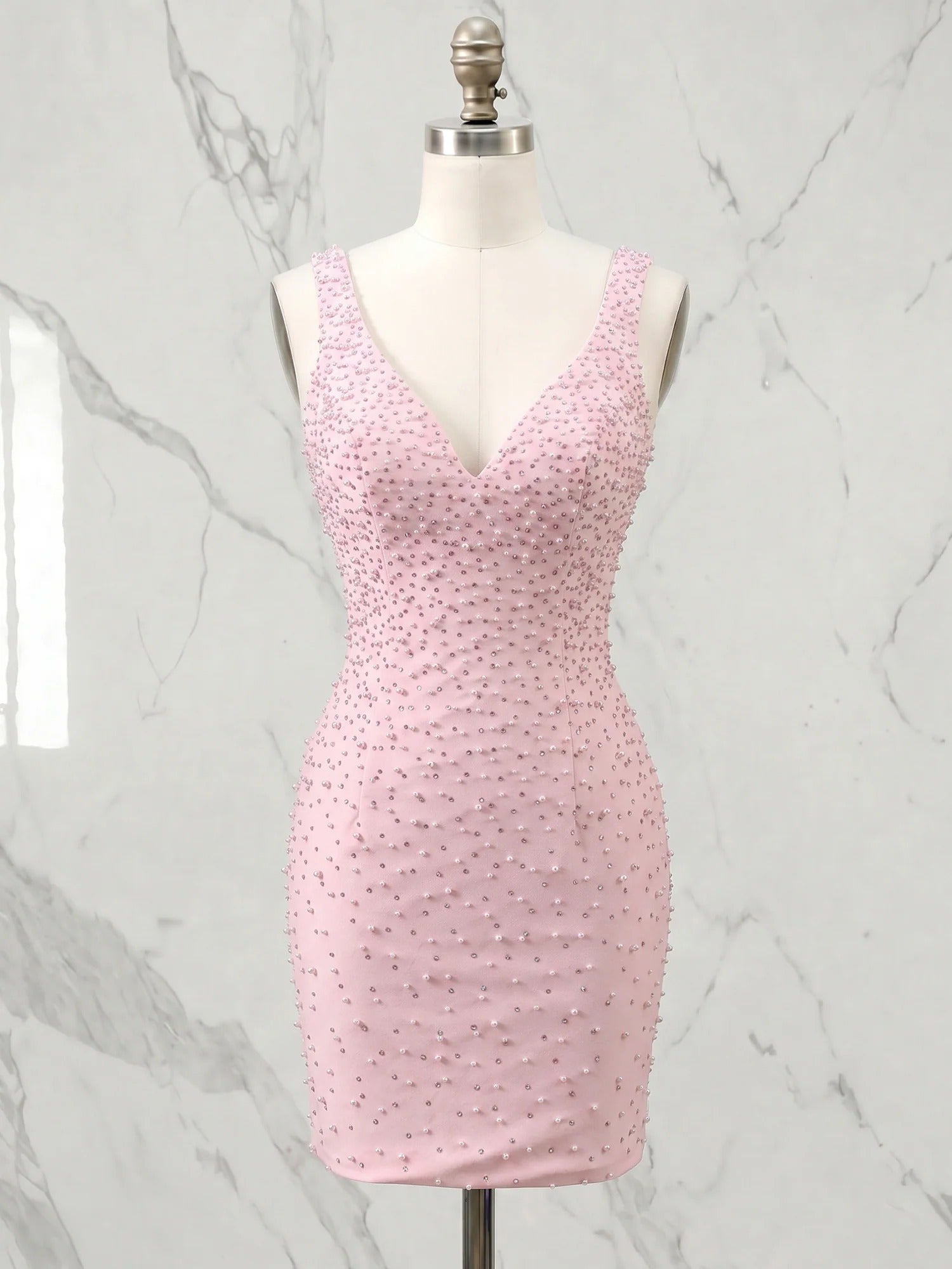Deep V-Neck Pearl Embellished Bodycon Short Homecoming Dress