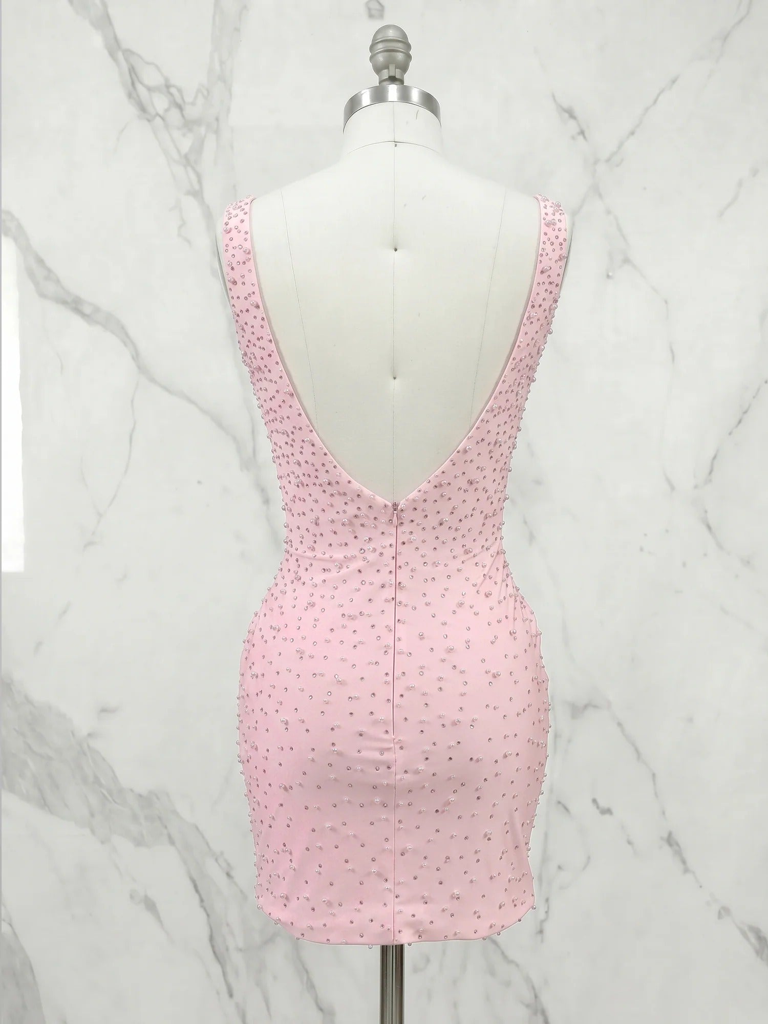 Deep V-Neck Pearl Embellished Bodycon Short Homecoming Dress