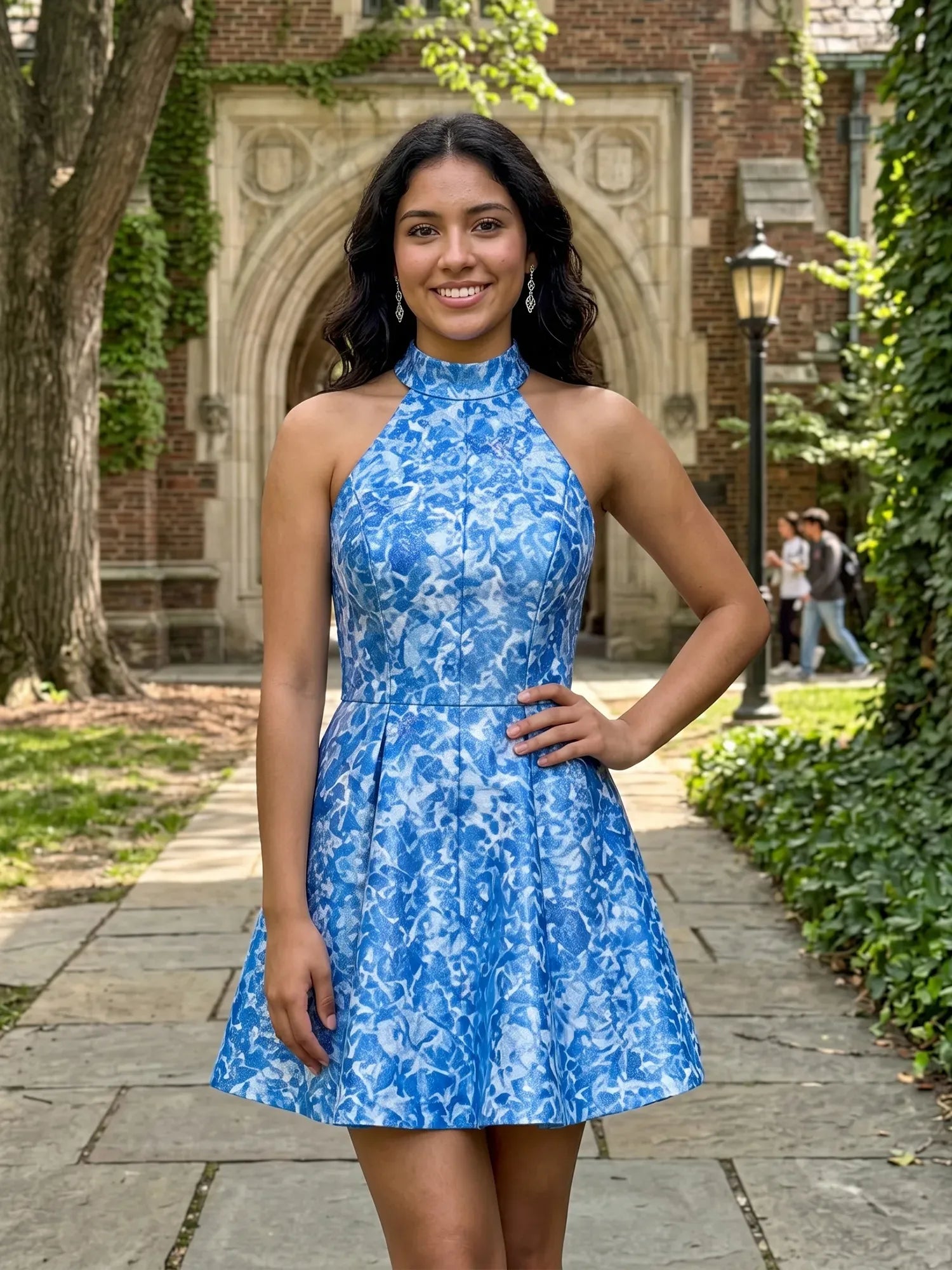 High Neck Halter Floral Brocade Mini Dress Homecoming Dresses