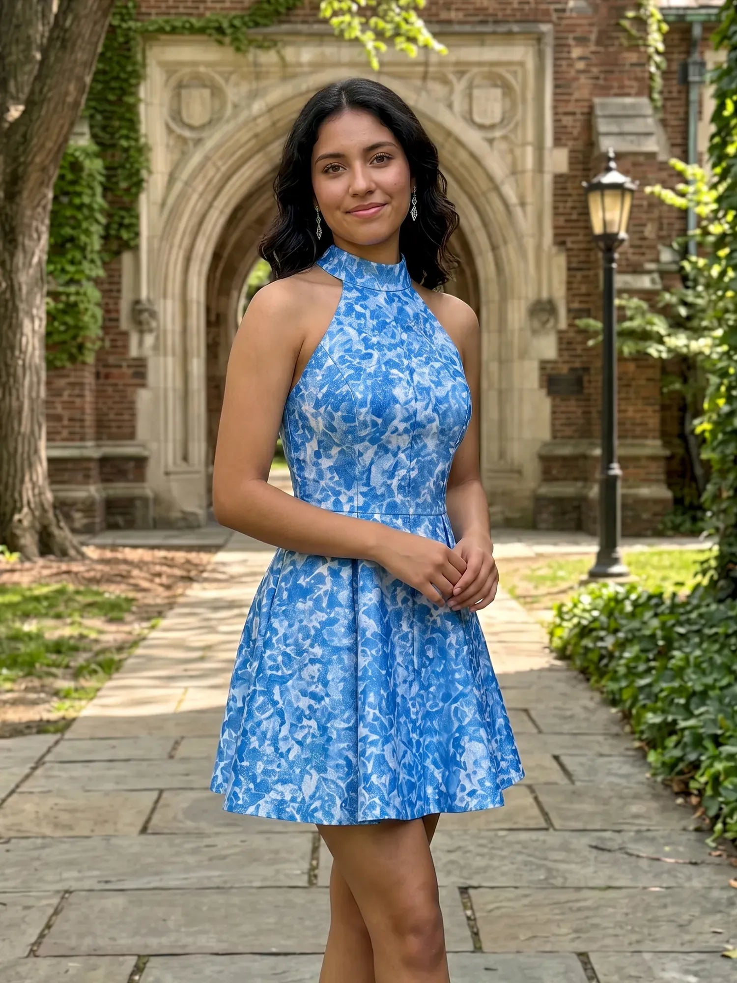 High Neck Halter Floral Brocade Mini Dress Homecoming Dresses