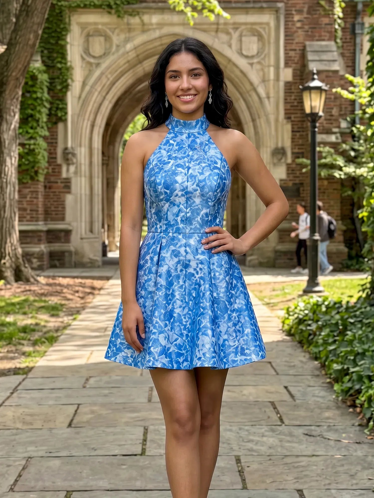 High Neck Halter Floral Brocade Mini Dress Homecoming Dresses