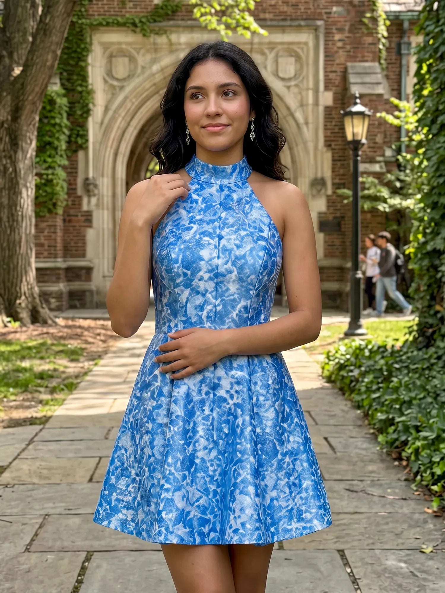 High Neck Halter Floral Brocade Mini Dress Homecoming Dresses
