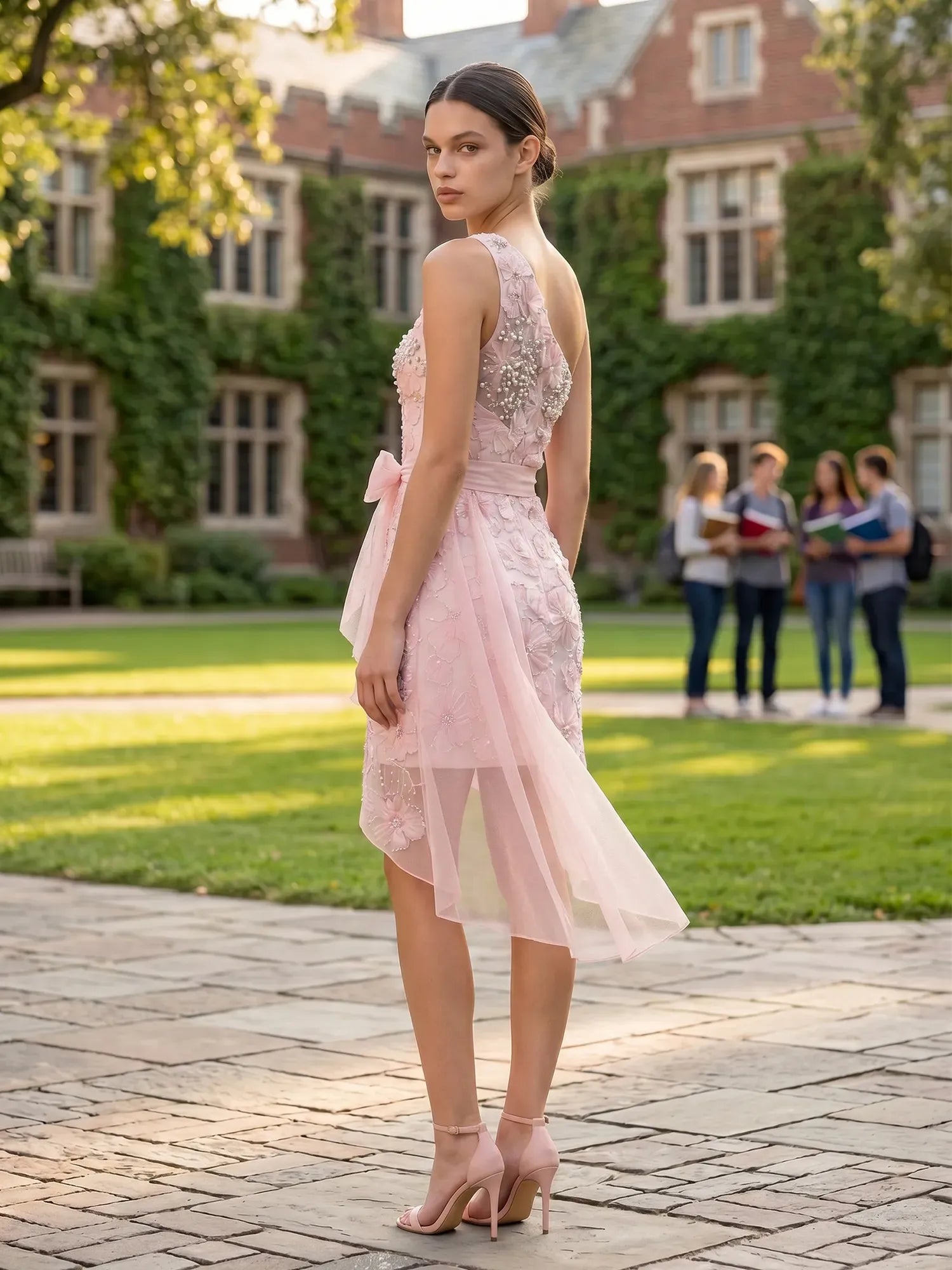 One-Shoulder 3D Floral Mini Dress with Tulle Sash Homecoming Dresses