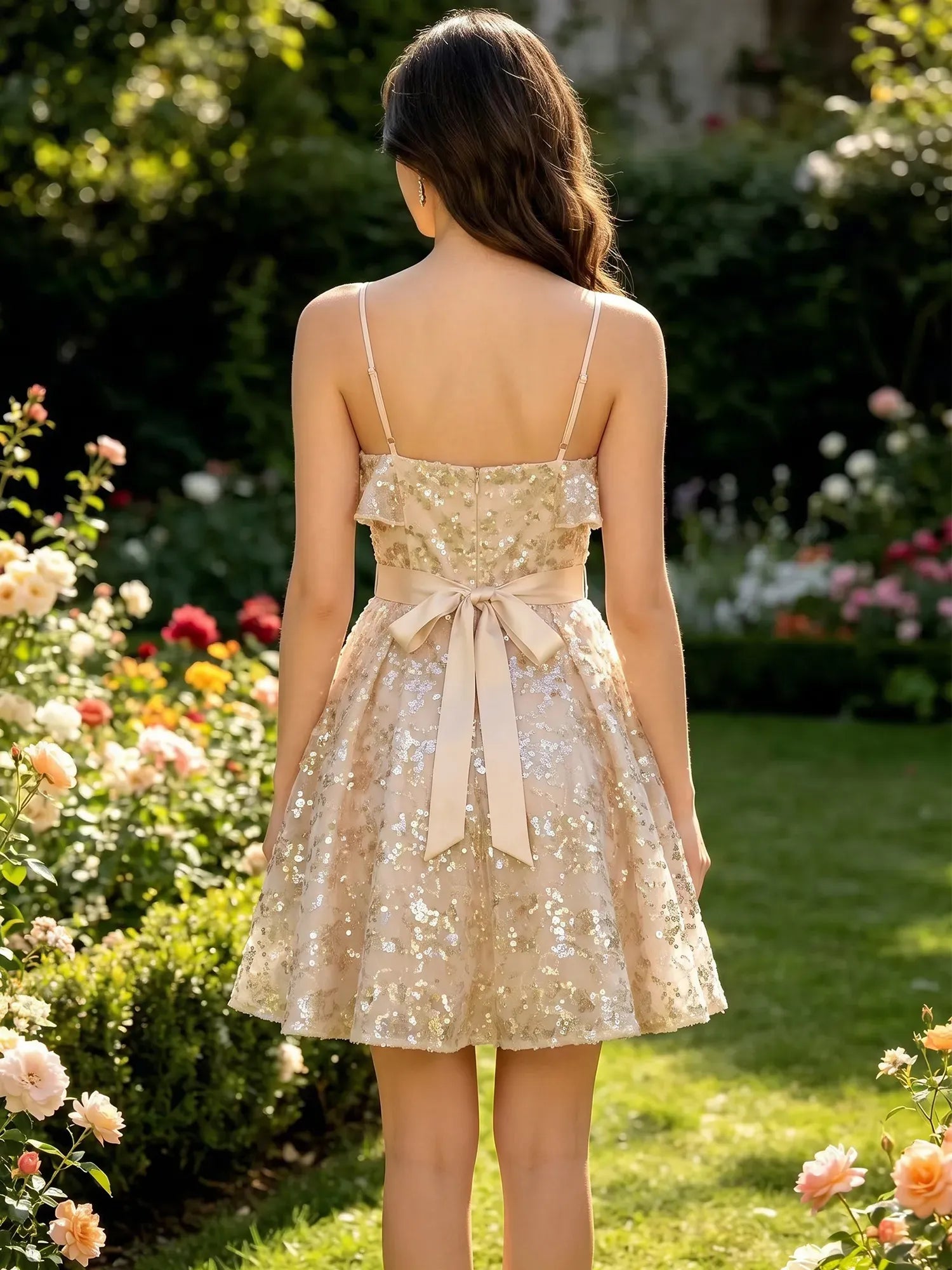 Sequined Tiered Mini Dress with Satin Bow & Straps Homecoming Dresses