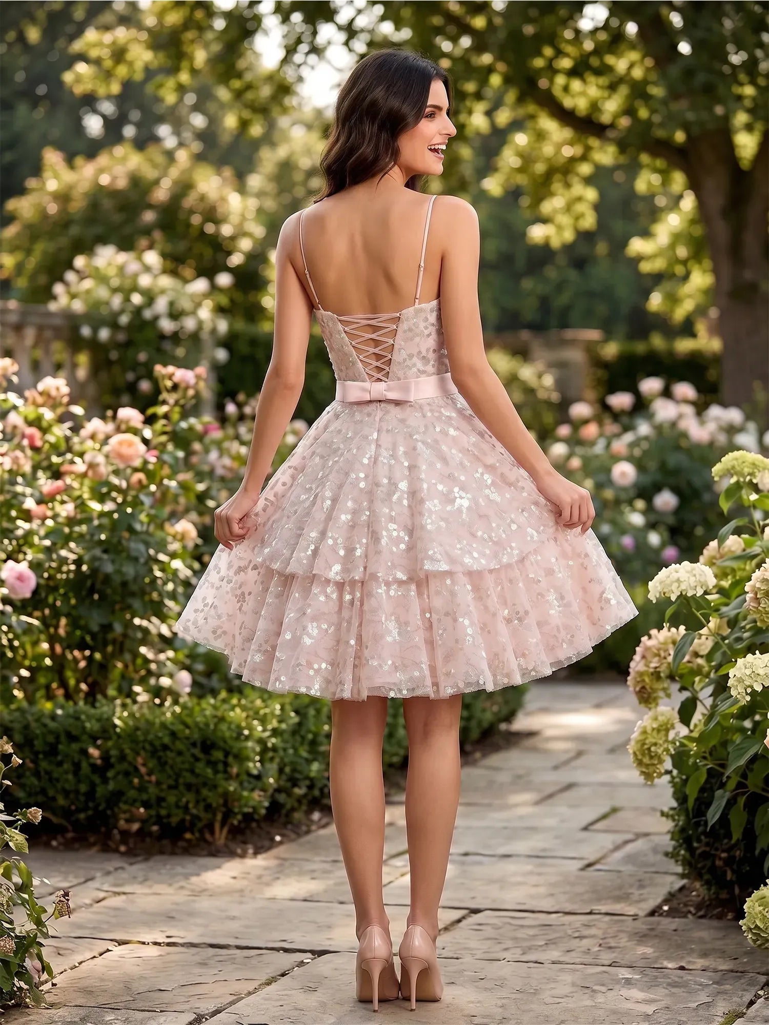 Strapless Sequined Layered Tulle Mini Dress with Waist Bow Homecoming Dresses