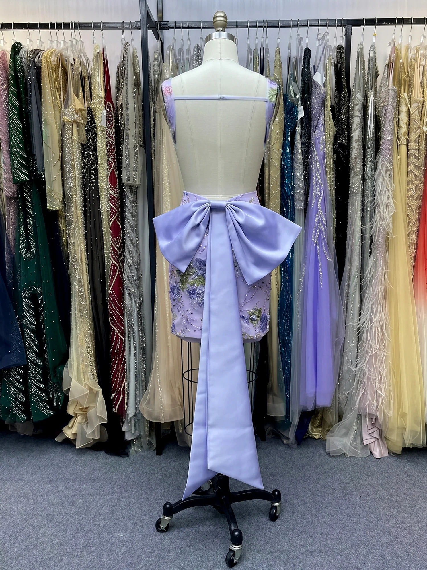 Floral Embroidered Deep V-Neck Homecoming Dress with Oversized Bow Train