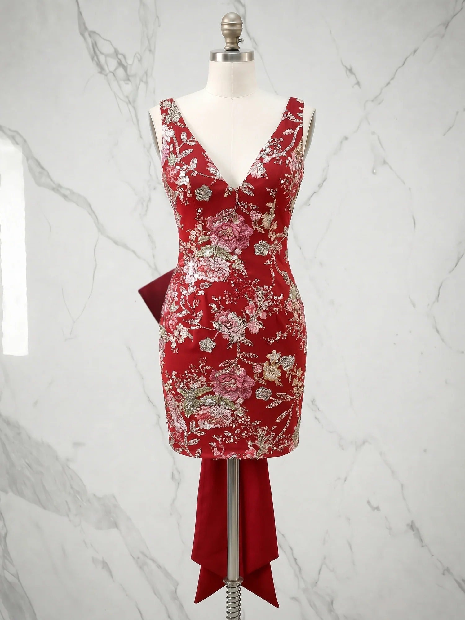 Floral Embroidered Deep V-Neck Homecoming Dress with Oversized Bow Train