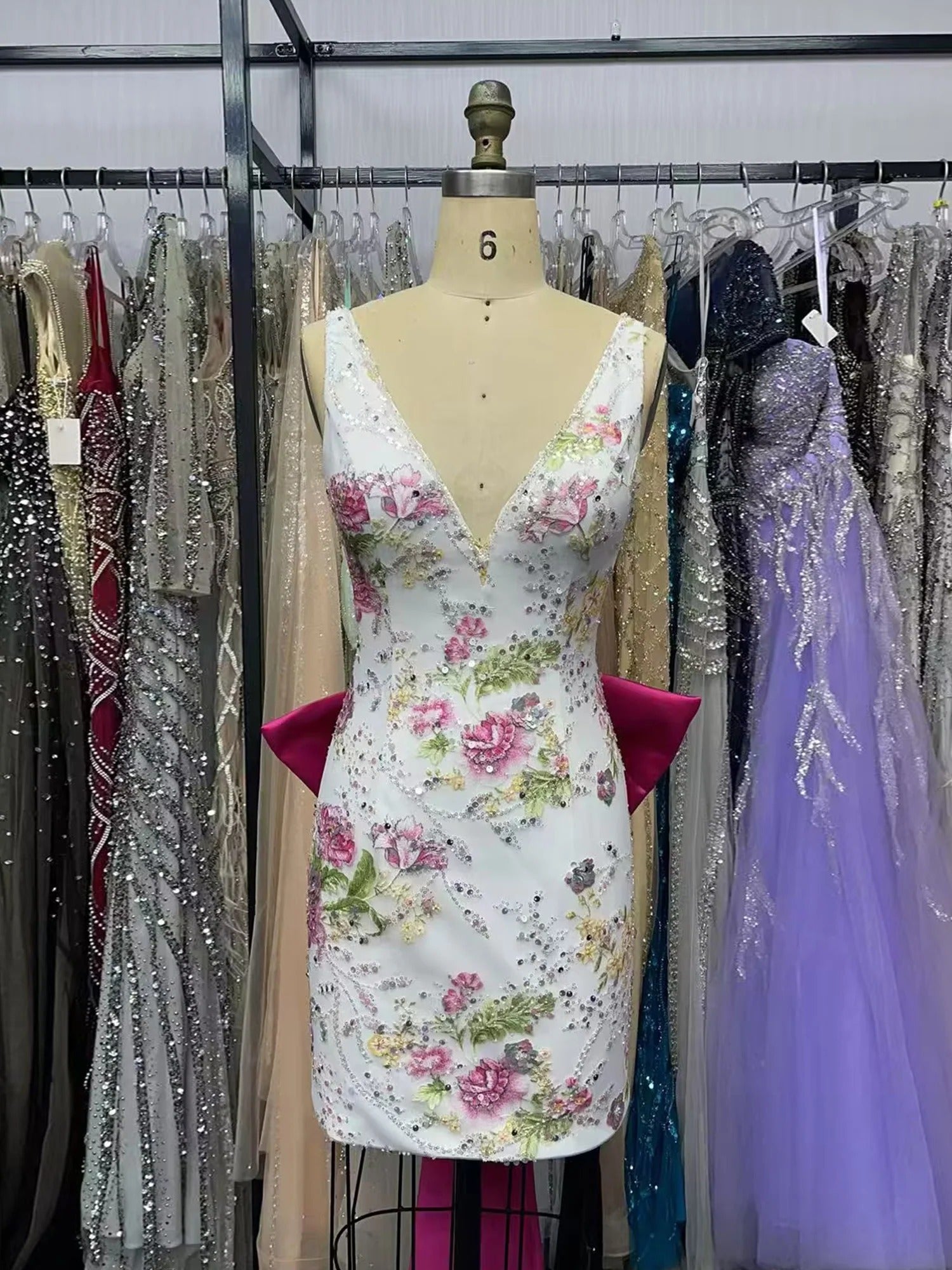 Floral Embroidered Deep V-Neck Homecoming Dress with Oversized Bow Train