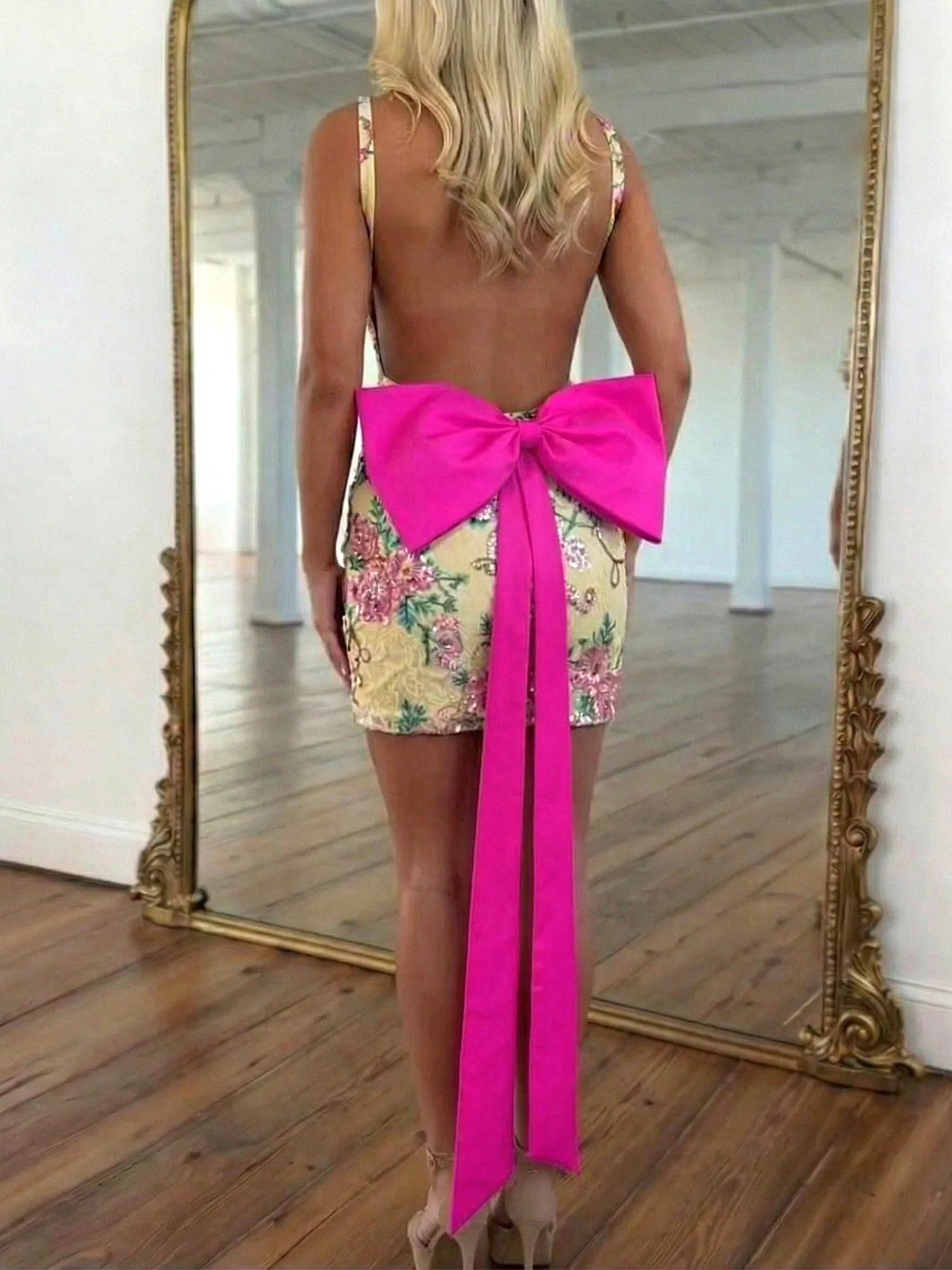 Floral Embroidered Deep V-Neck Homecoming Dress with Oversized Bow Train