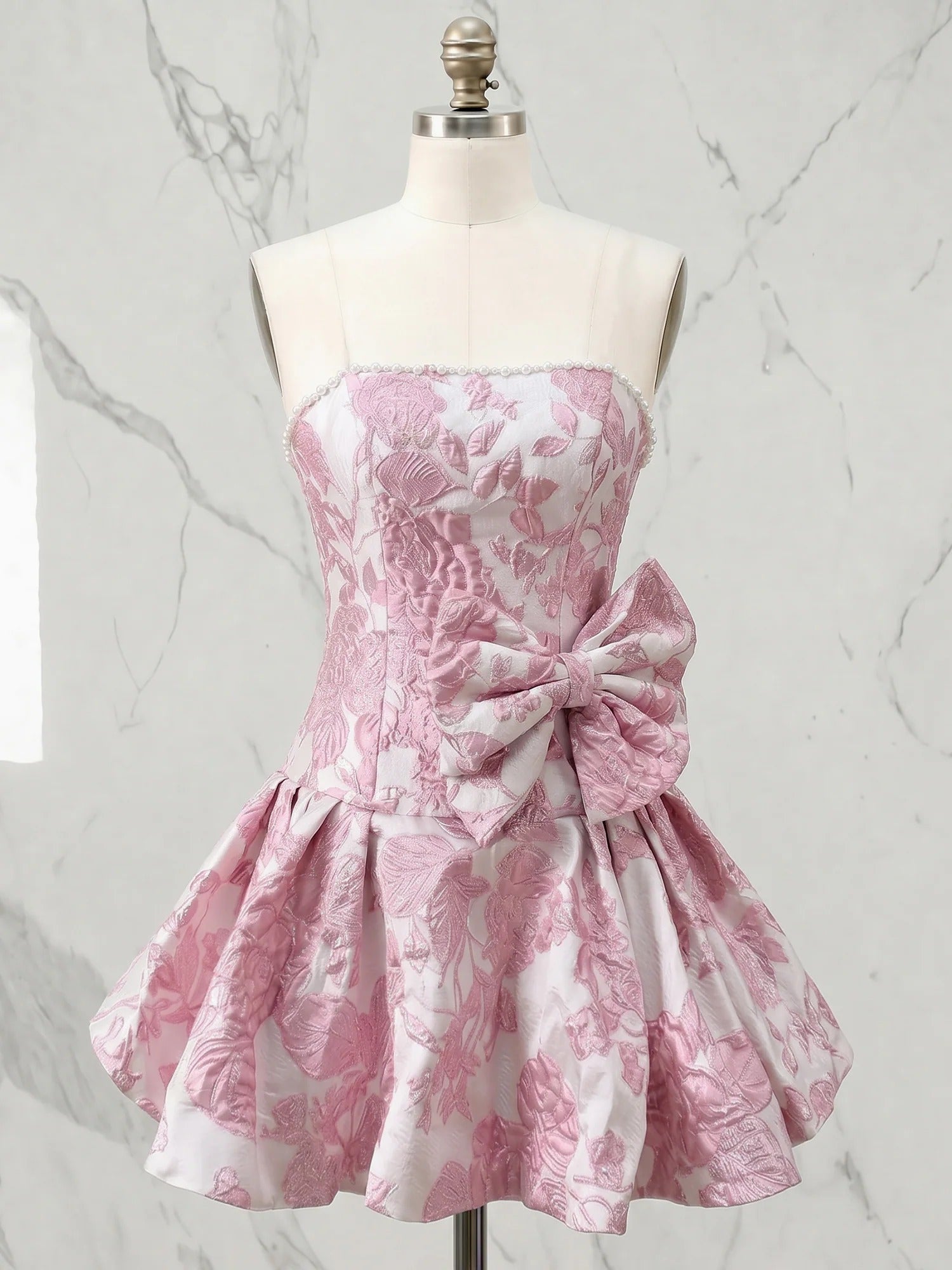 Strapless Pearl-Trimmed Floral Jacquard Short Homecoming Dresses with Side Bow