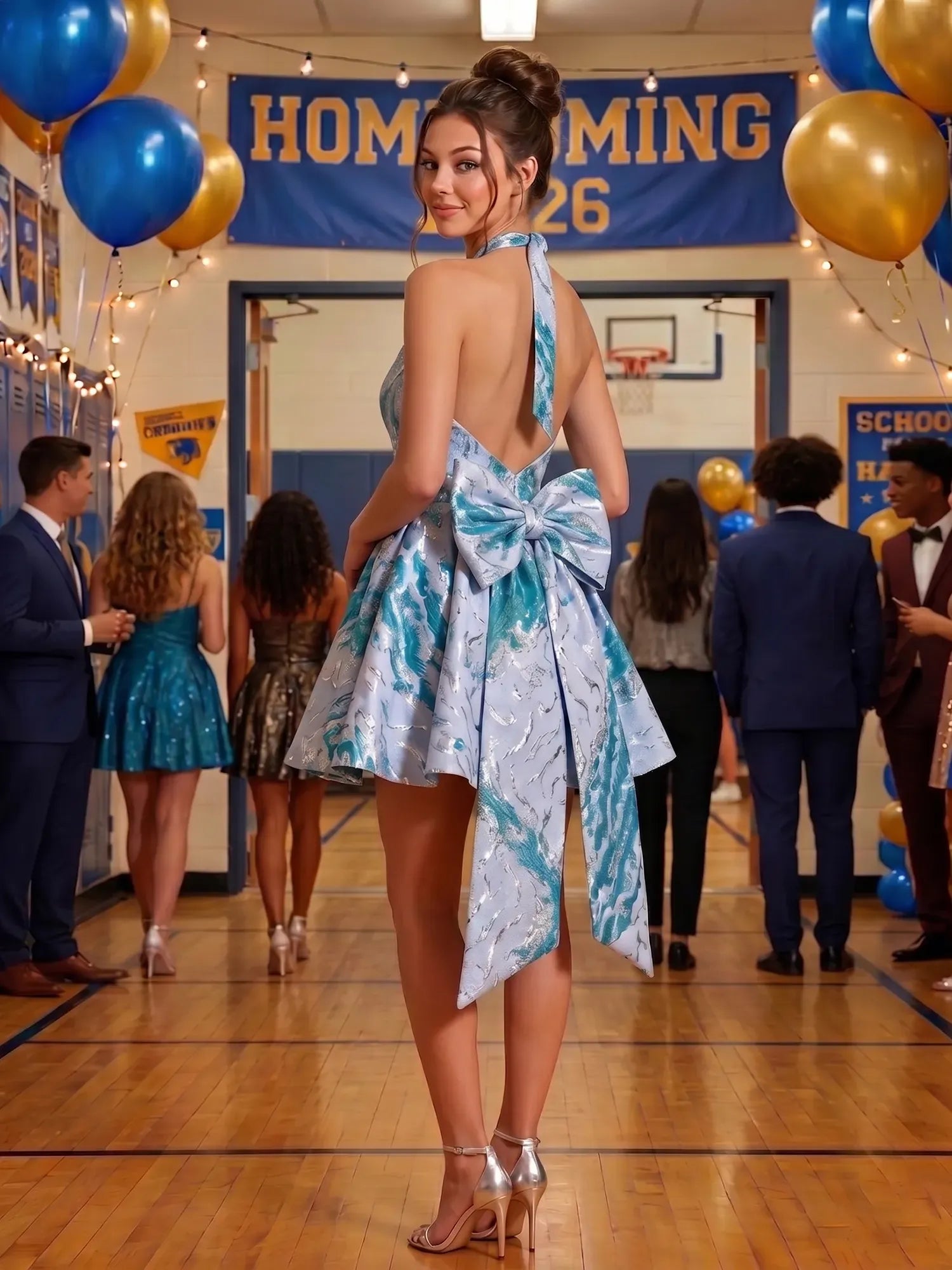 Halter V-Neck Floral Jacquard Mini Homecoming Dress with Oversized Back Bow