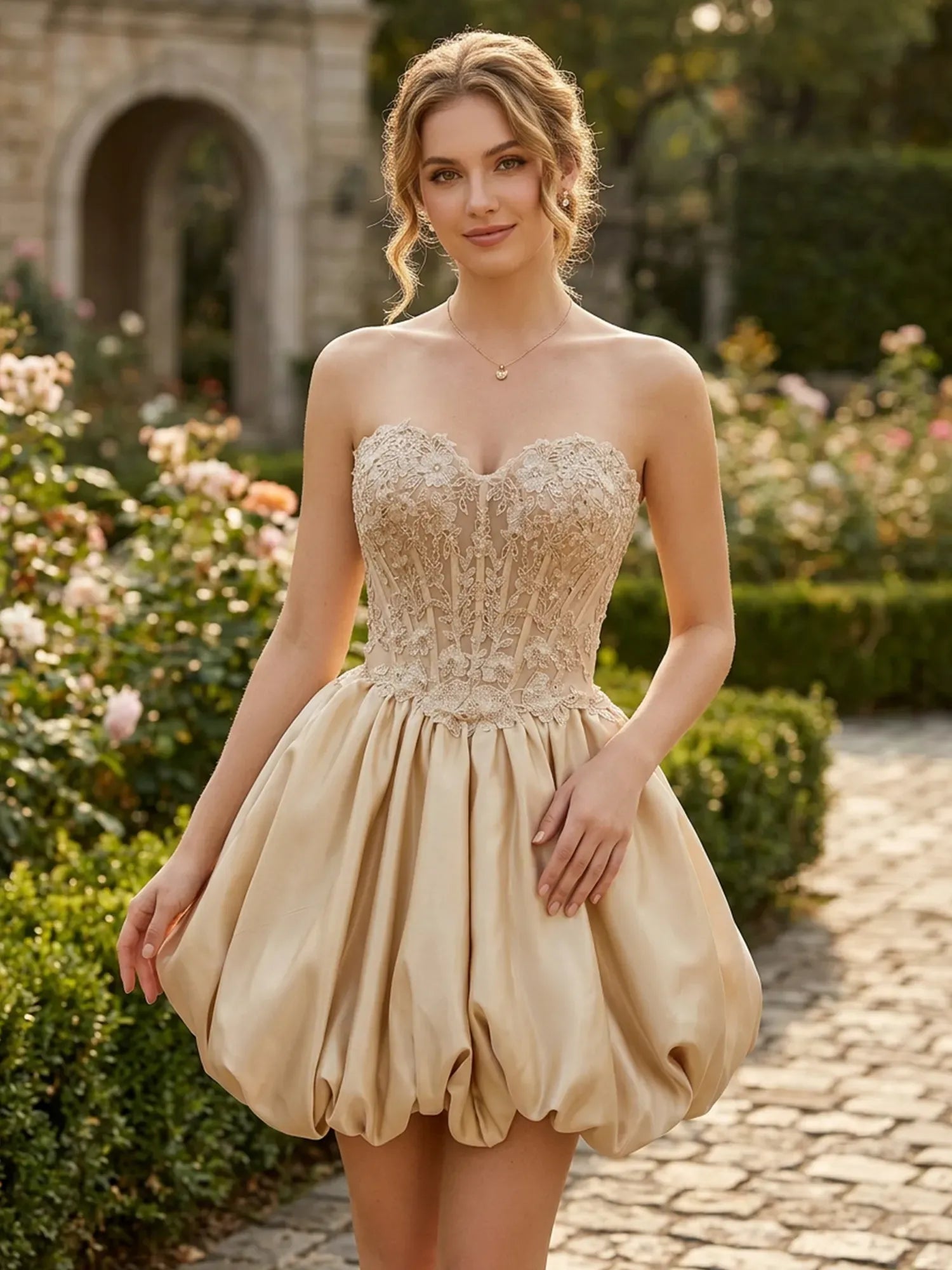 Strapless Sweetheart Lace Ball Gown Mini Homecoming Dresses with Bubble Hem