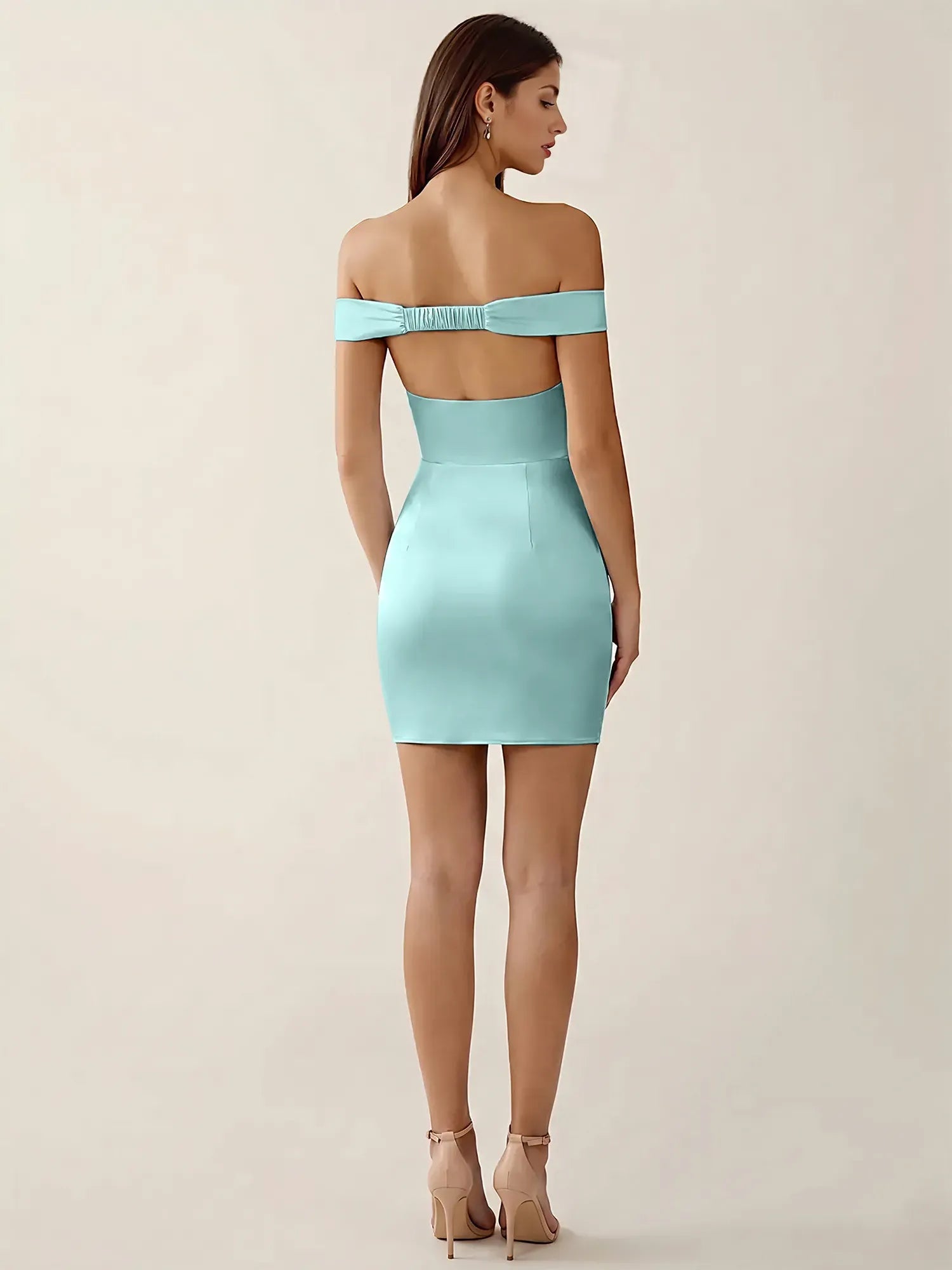 Off-The-Shoulder Ruched Satin Mini Homecoming Dress