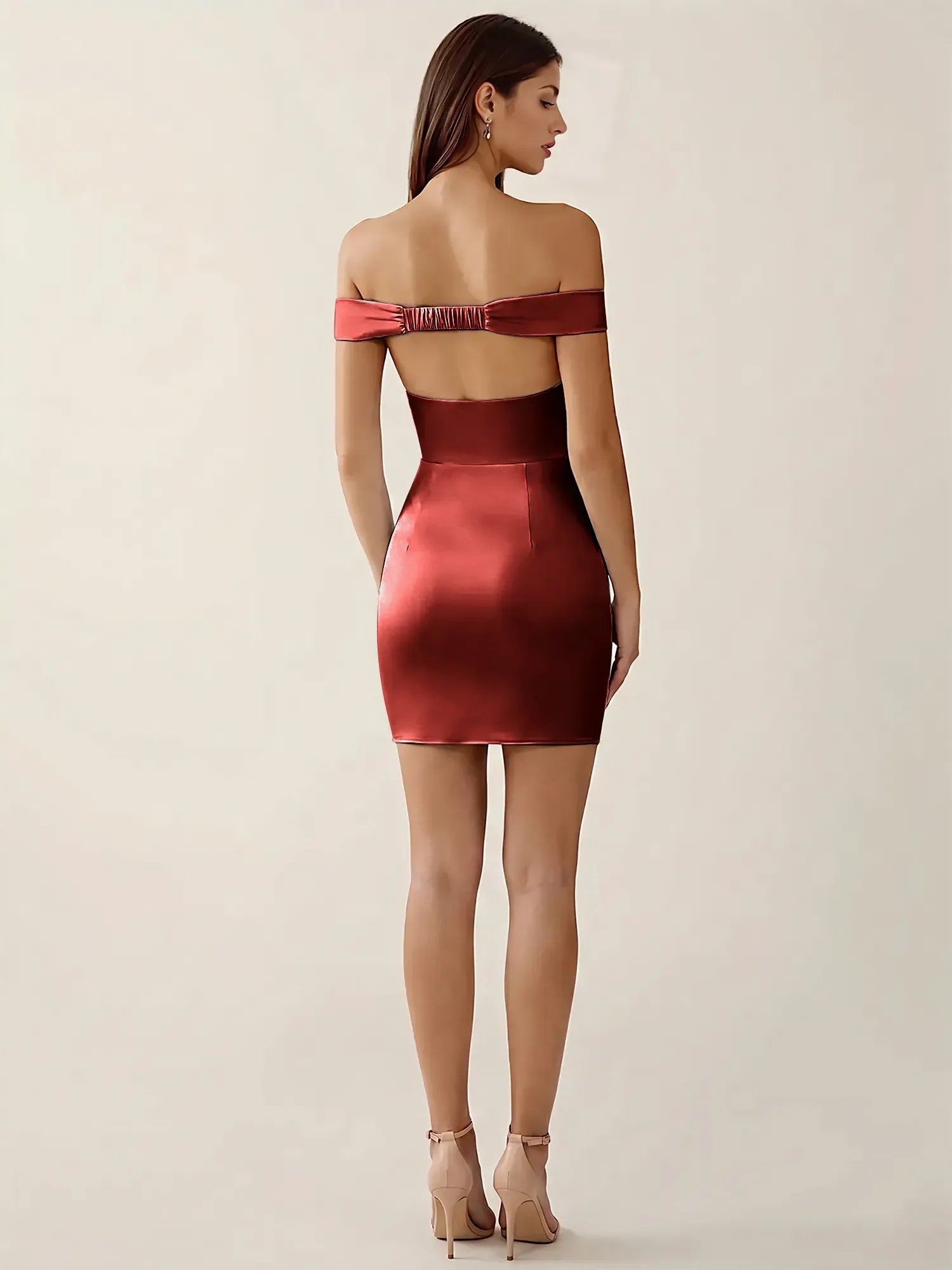 Off-The-Shoulder Ruched Satin Mini Homecoming Dress