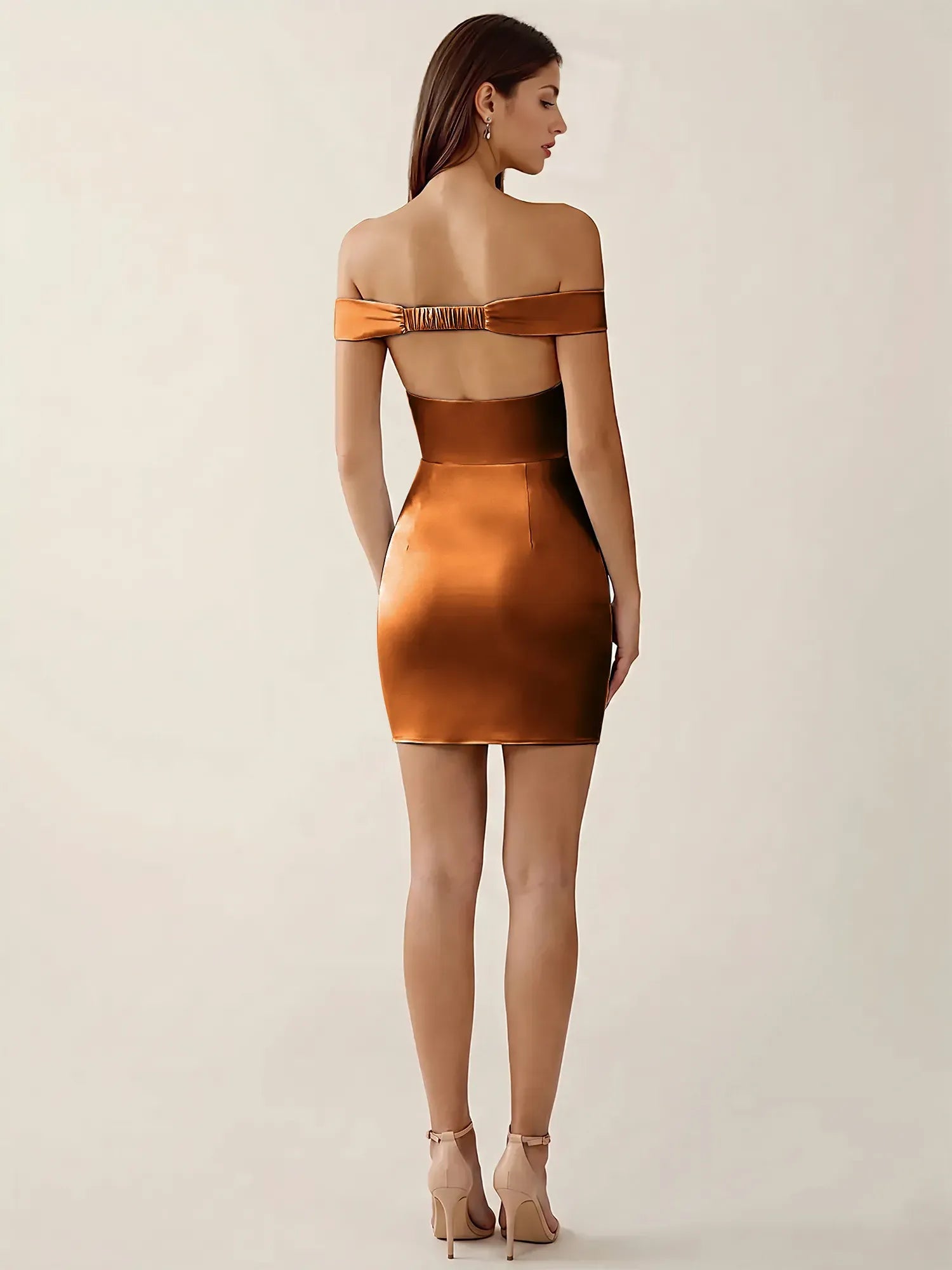 Off-The-Shoulder Ruched Satin Mini Homecoming Dress