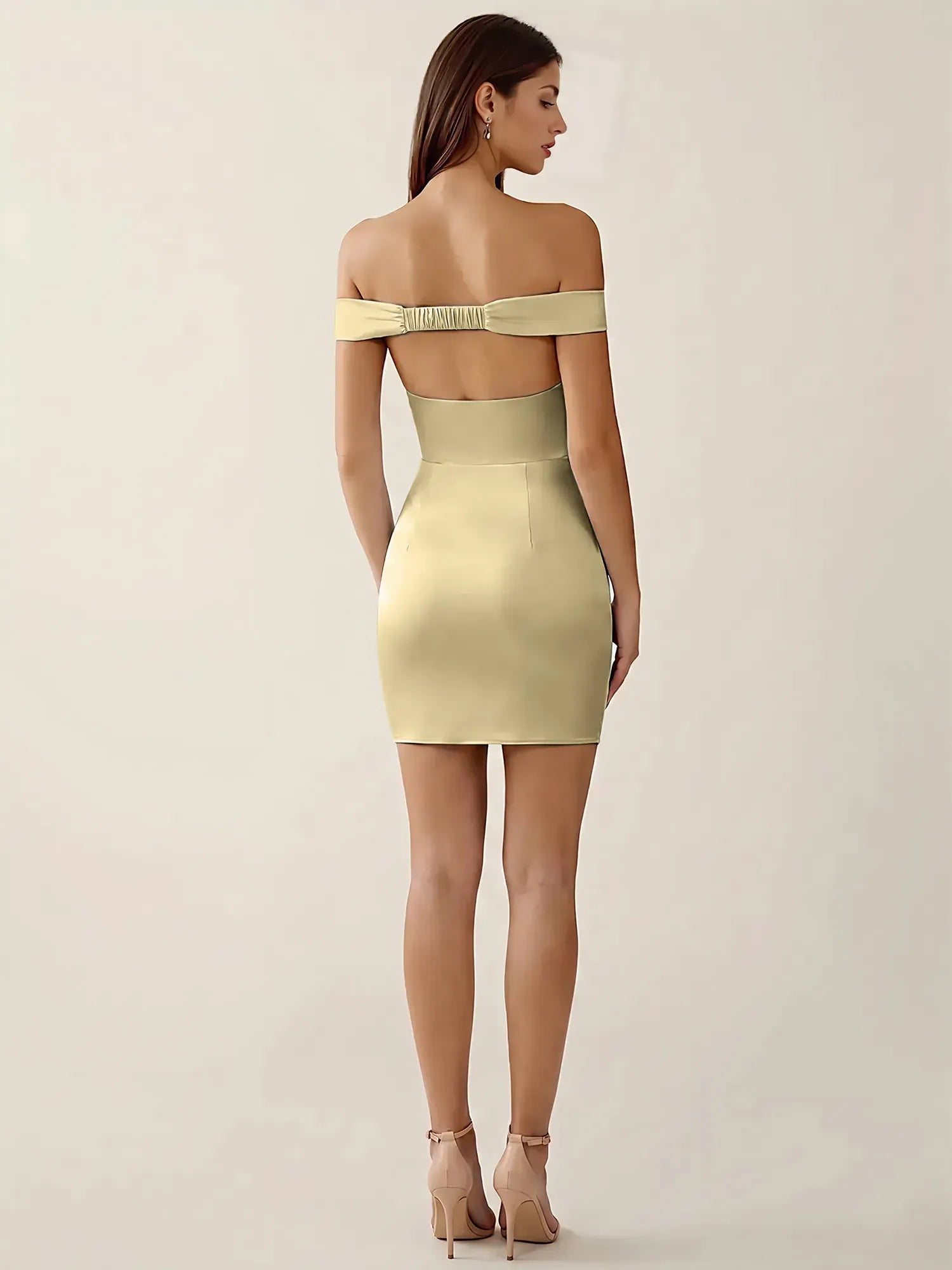 Off-The-Shoulder Ruched Satin Mini Homecoming Dress