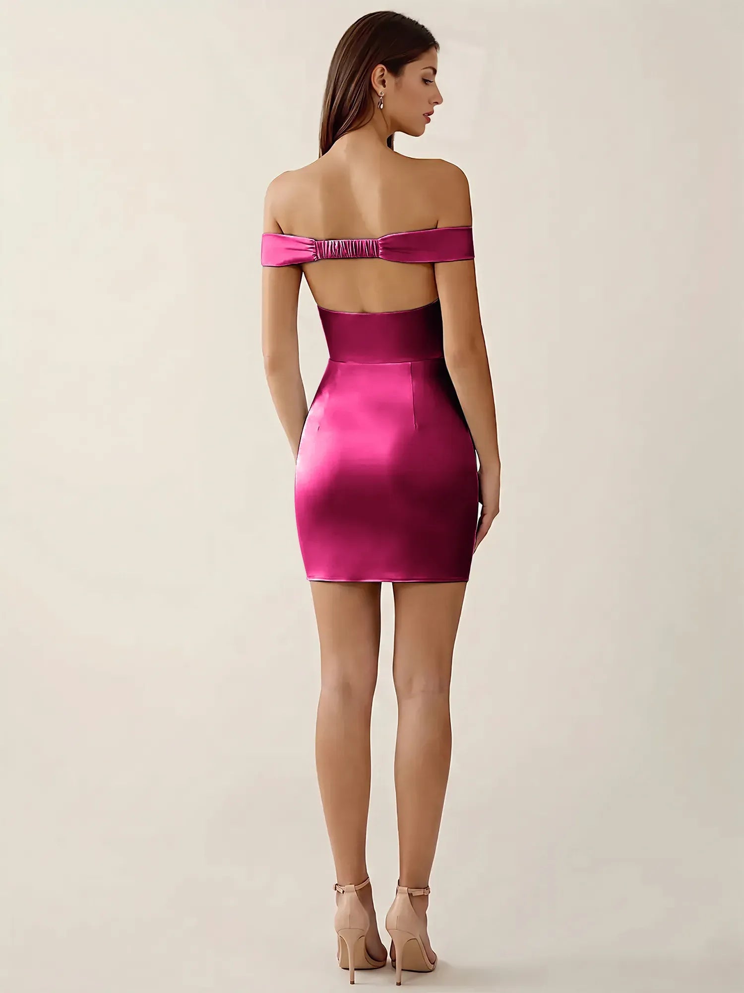 Off-The-Shoulder Ruched Satin Mini Homecoming Dress