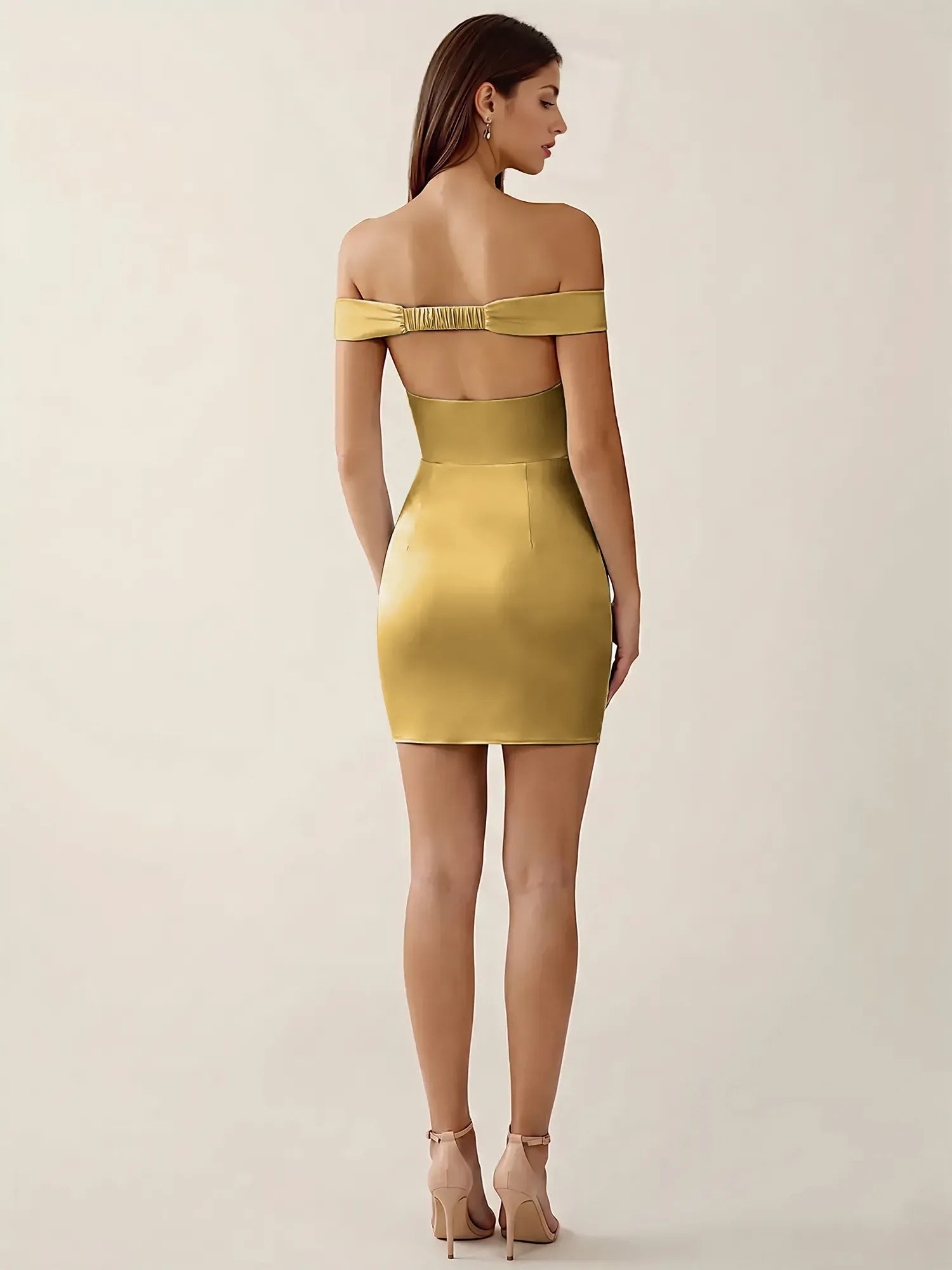 Off-The-Shoulder Ruched Satin Mini Homecoming Dress