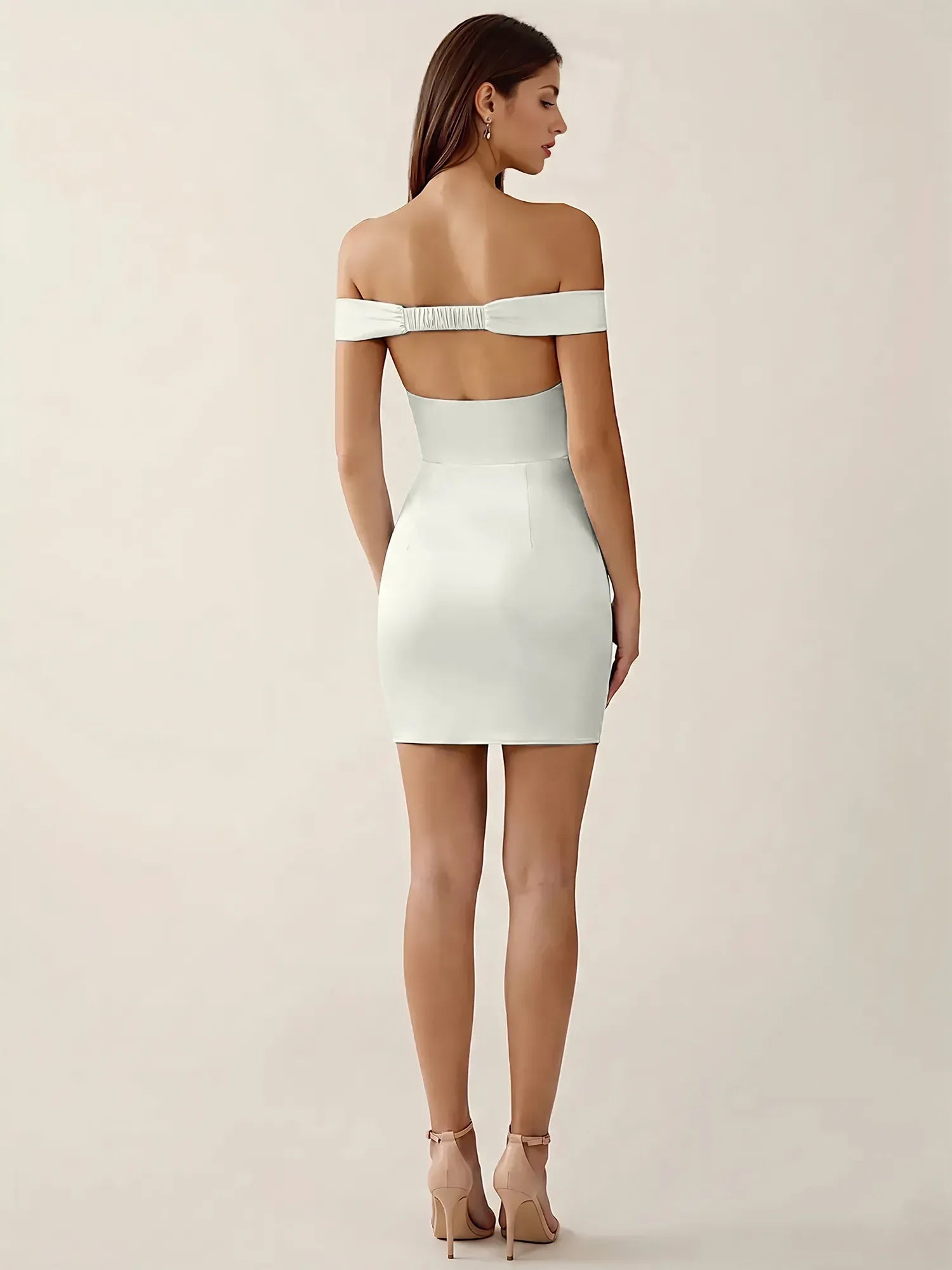 Off-The-Shoulder Ruched Satin Mini Homecoming Dress