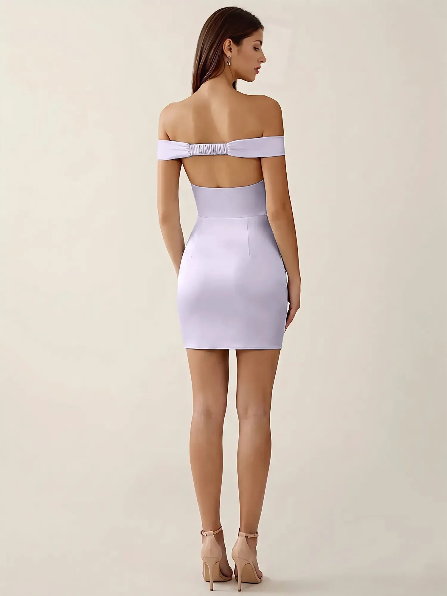 Off-The-Shoulder Ruched Satin Mini Homecoming Dress
