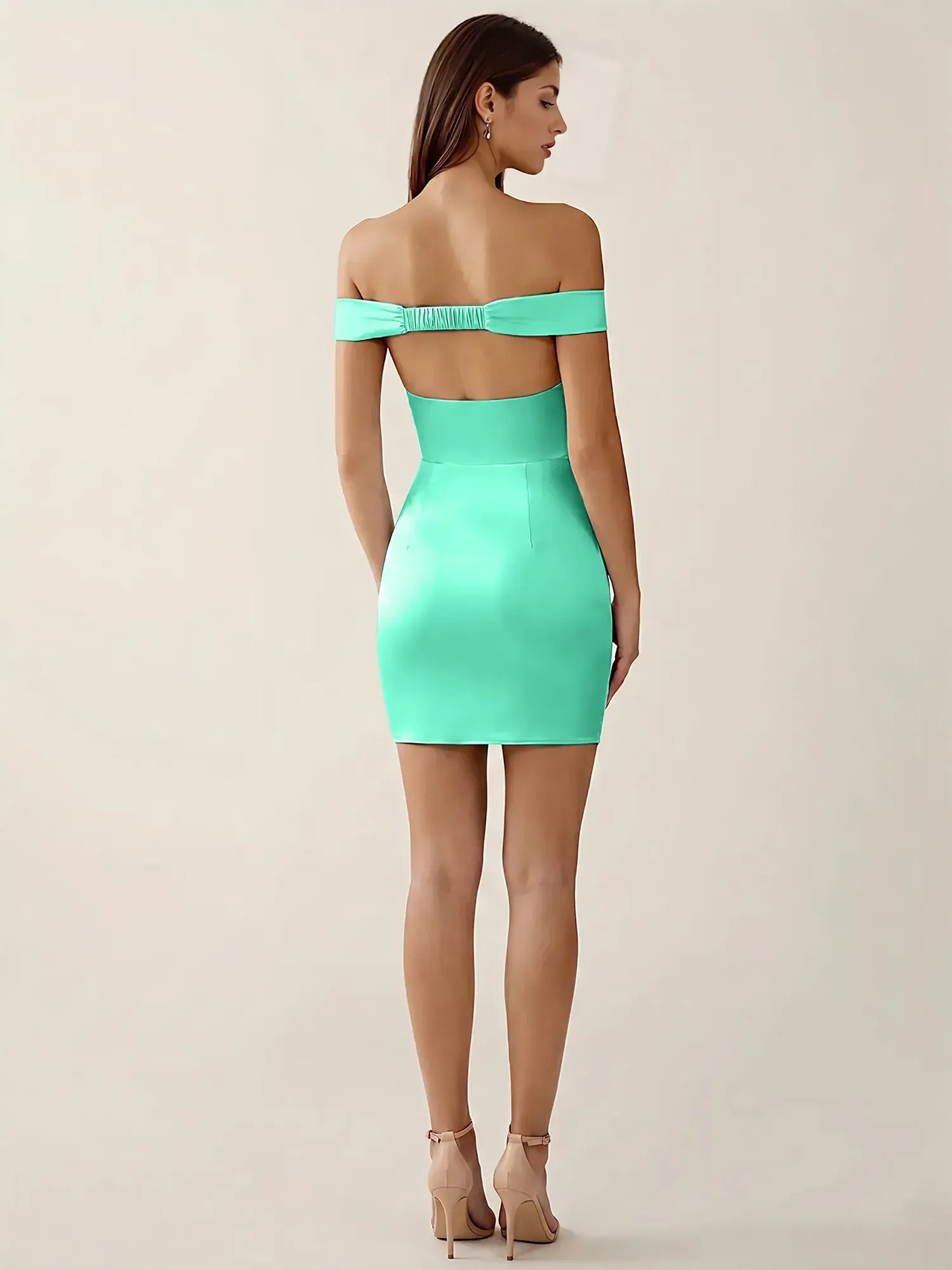 Off-The-Shoulder Ruched Satin Mini Homecoming Dress