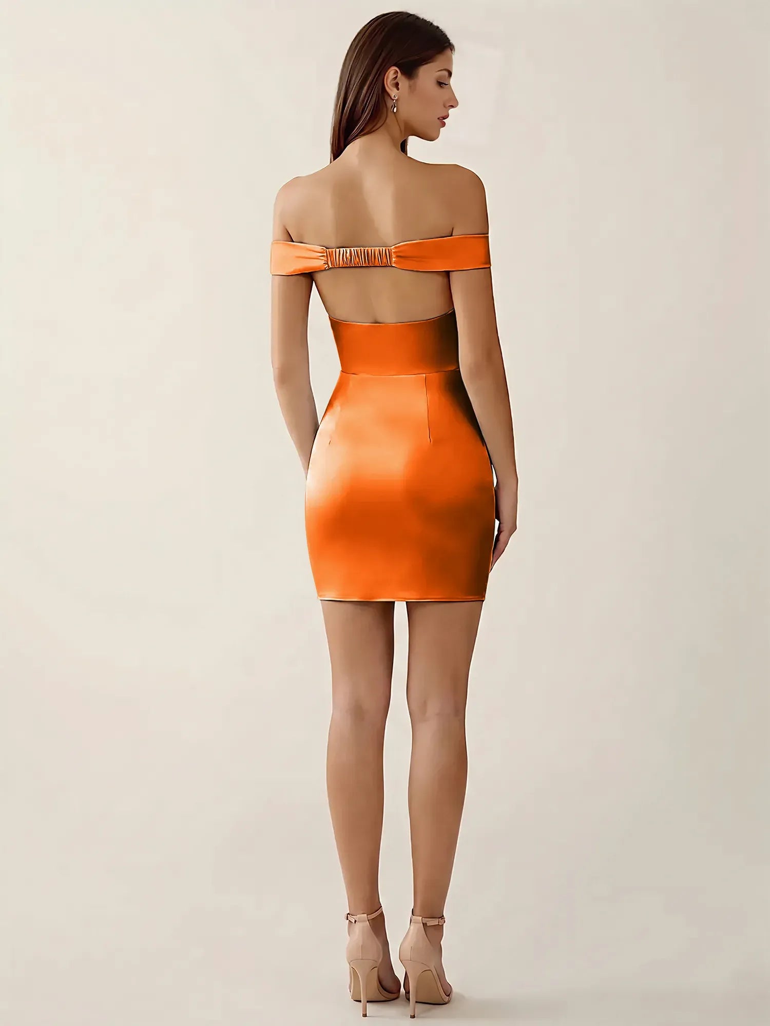 Off-The-Shoulder Ruched Satin Mini Homecoming Dress