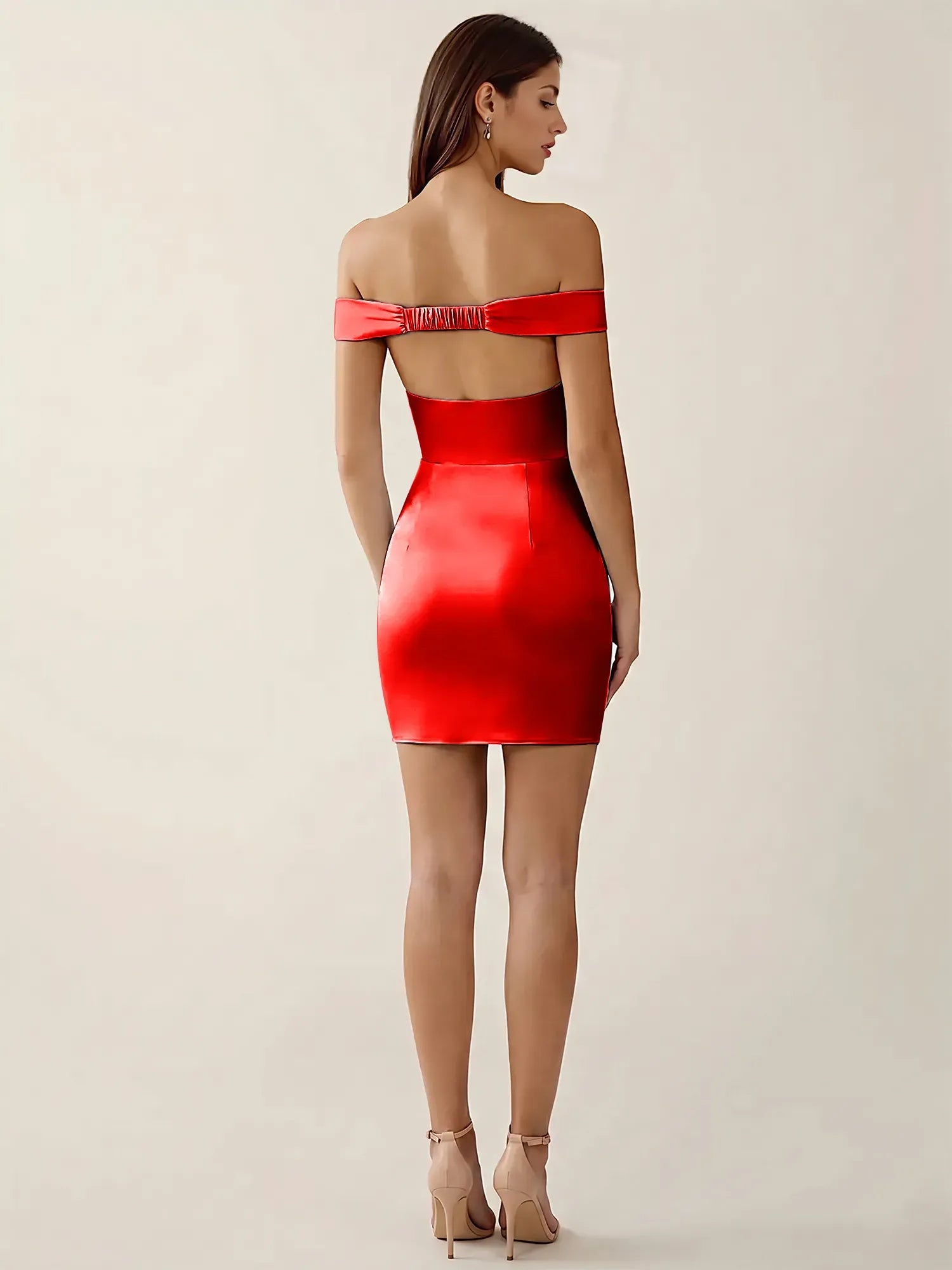 Off-The-Shoulder Ruched Satin Mini Homecoming Dress