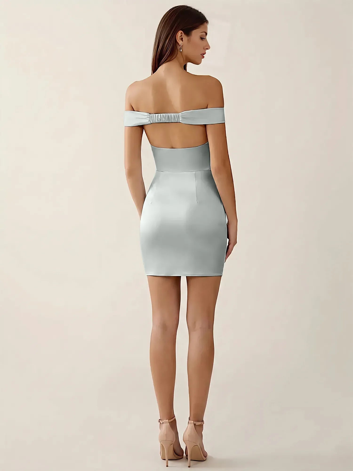 Off-The-Shoulder Ruched Satin Mini Homecoming Dress