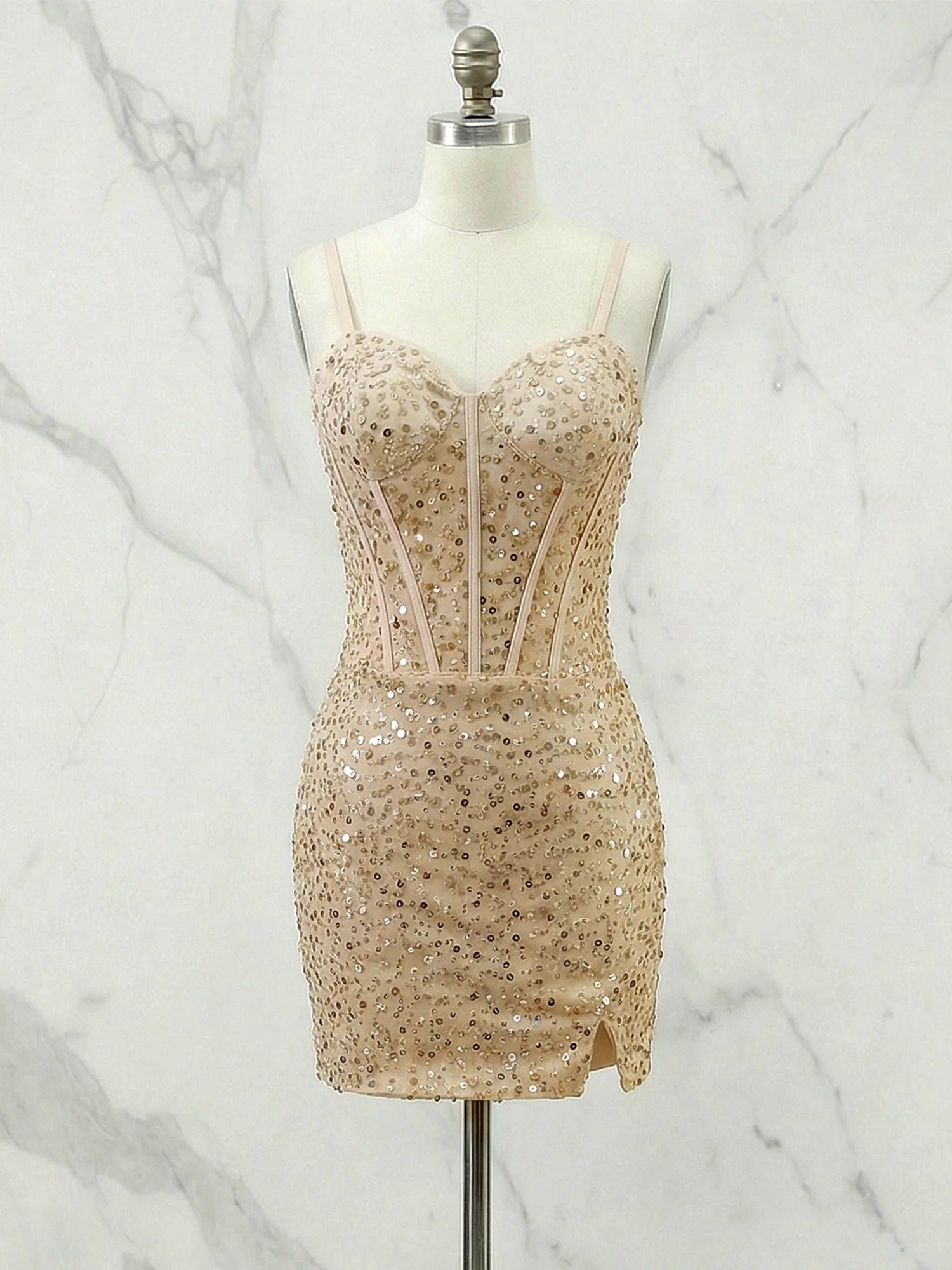 Glitter Bodycon Spaghetti Straps Sweetheart Short Homecoming Dress with Slit