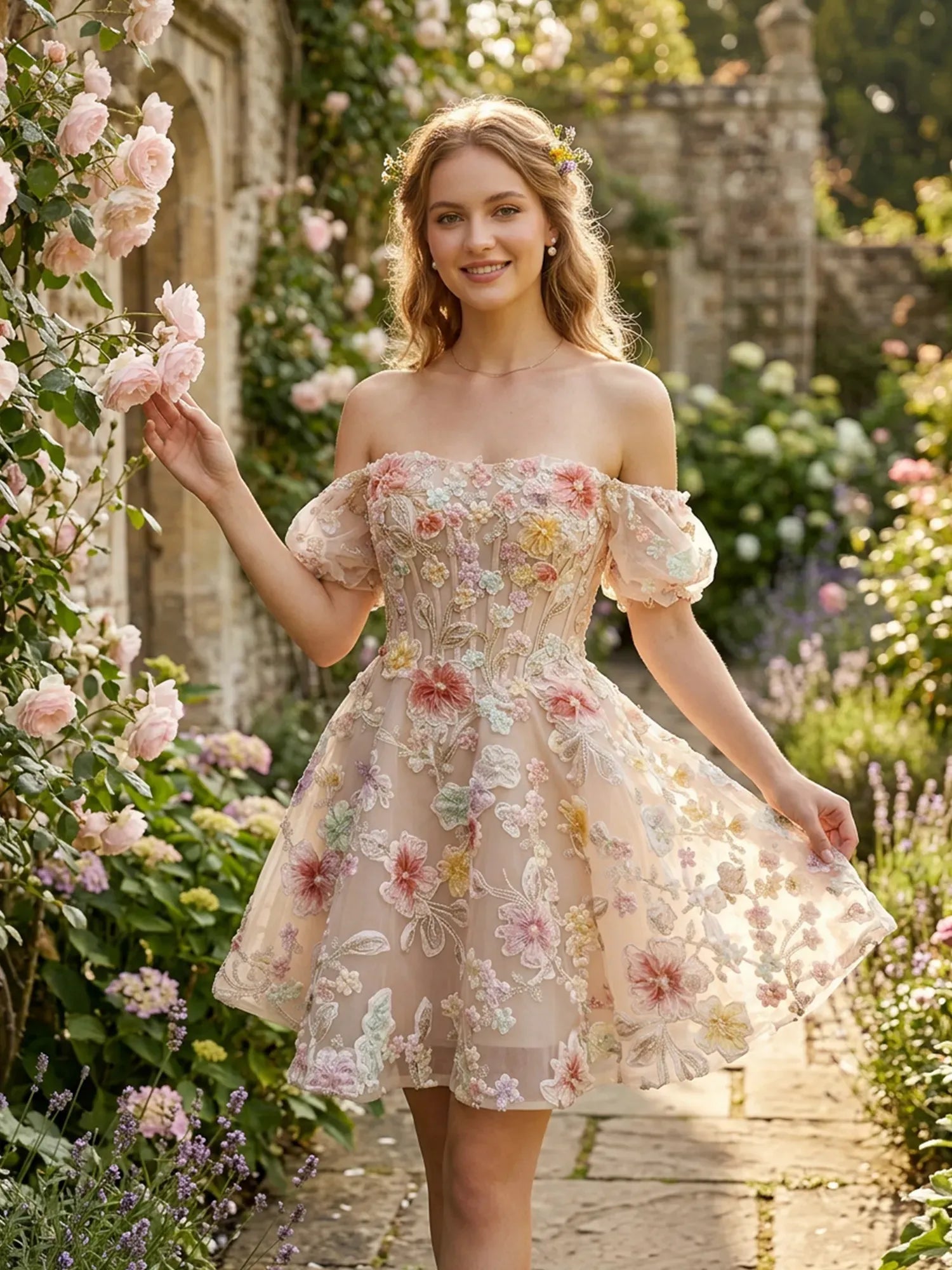 Off-the-Shoulder Sweetheart Floral Lace Mini Homecoming Dresses with Puff Sleeves