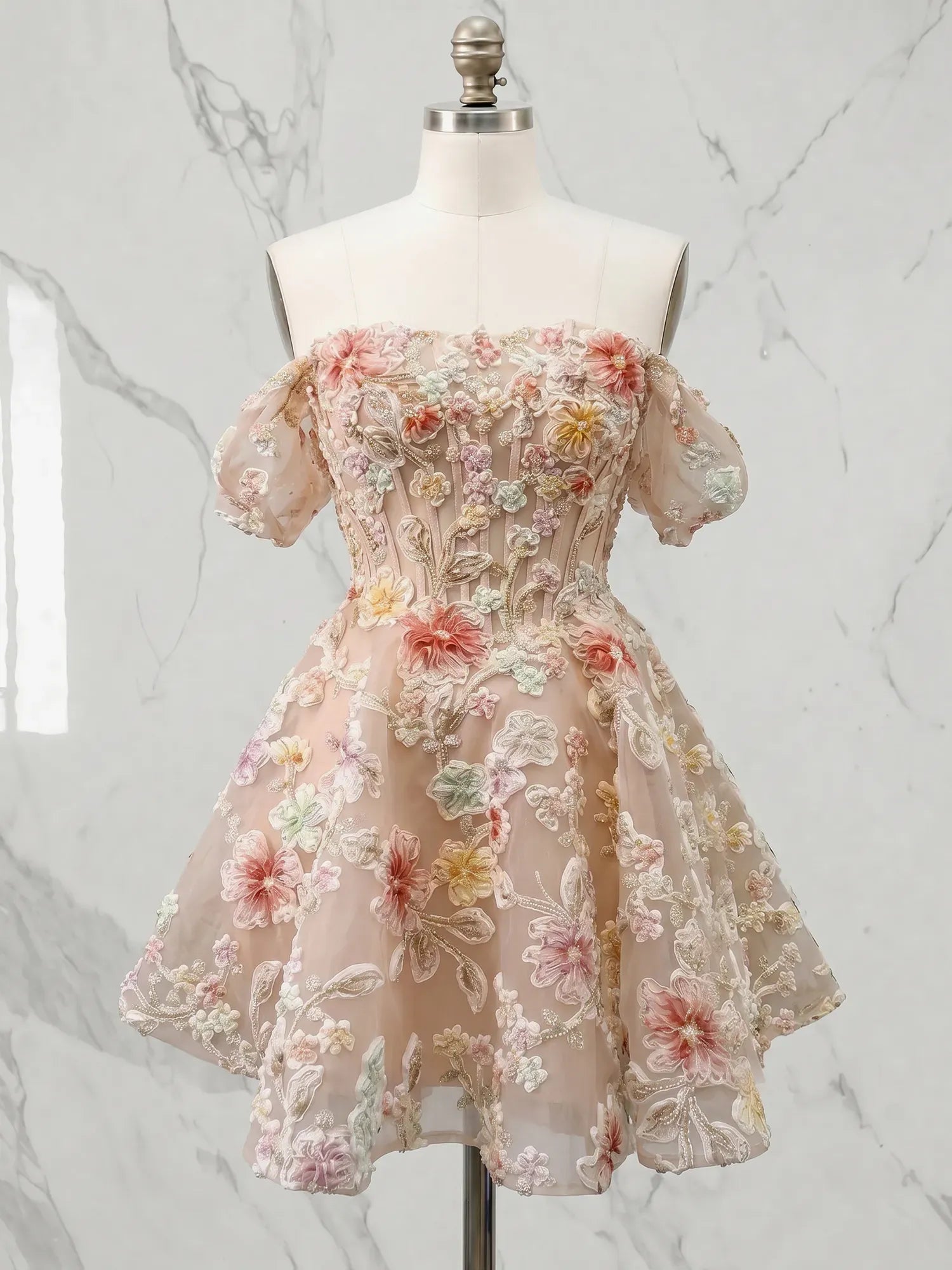 Off-the-Shoulder Sweetheart Floral Lace Mini Homecoming Dresses with Puff Sleeves