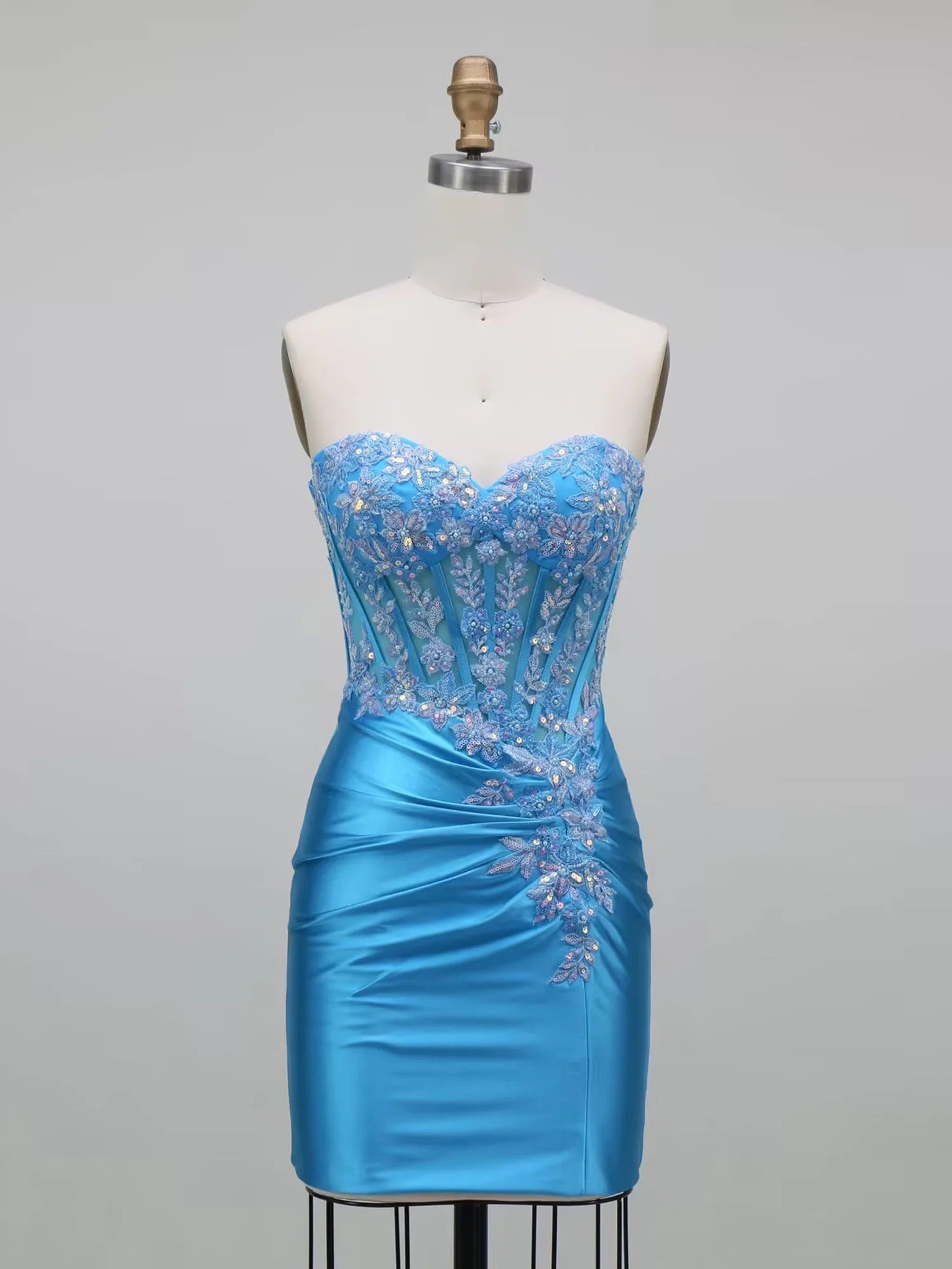 Sky Blue Strapless Lace Corset Satin Short Homecoming Dress