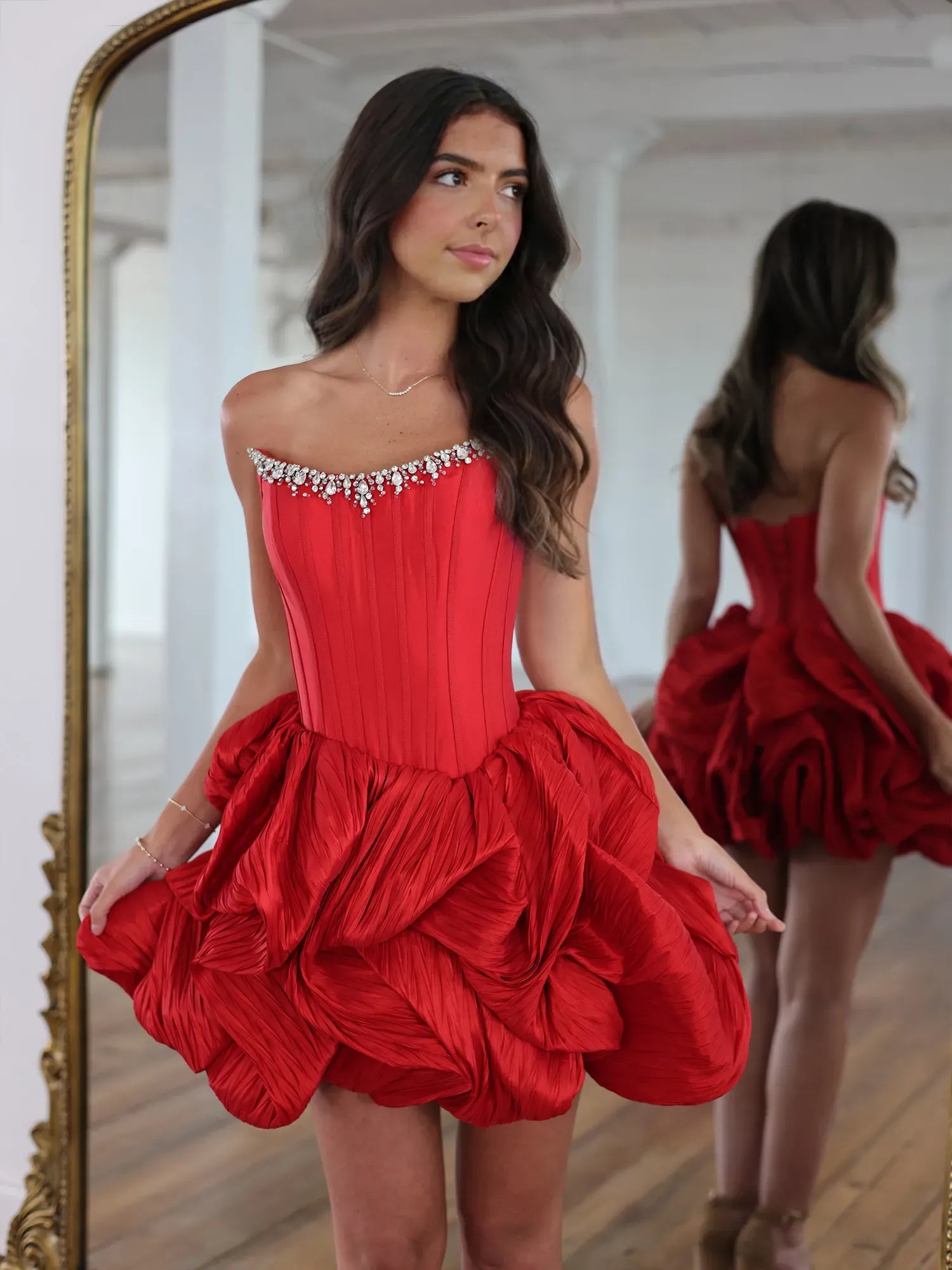 Strapless Rhinestone Corset Mini Homecoming Dresses with Tiered Rosette Skirt and Lace-Up Back