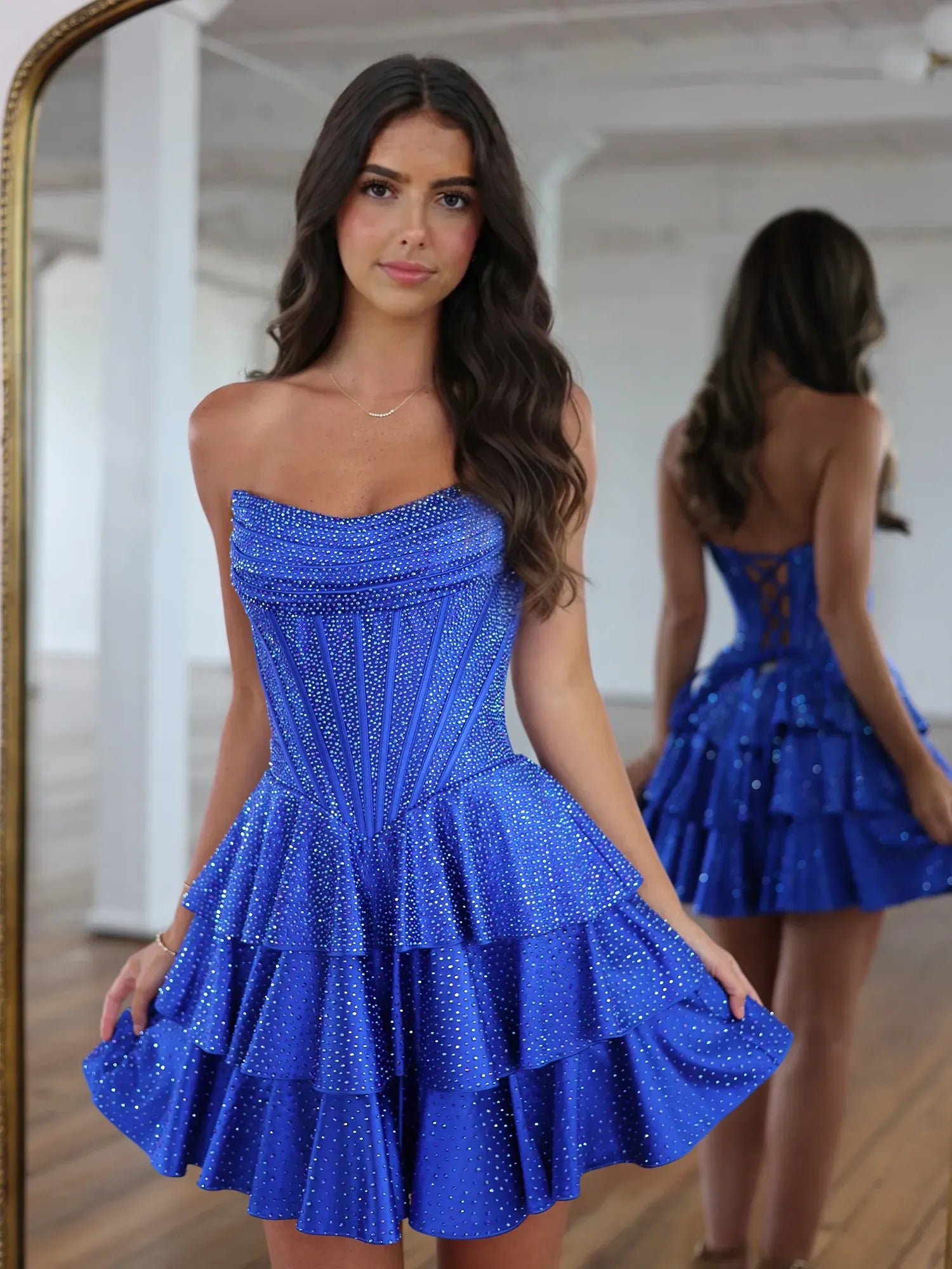 Strapless Rhinestone Encrusted Corset Short Homecoming Dresses with Tiered Ruffled Skirt and Lace-Up Back