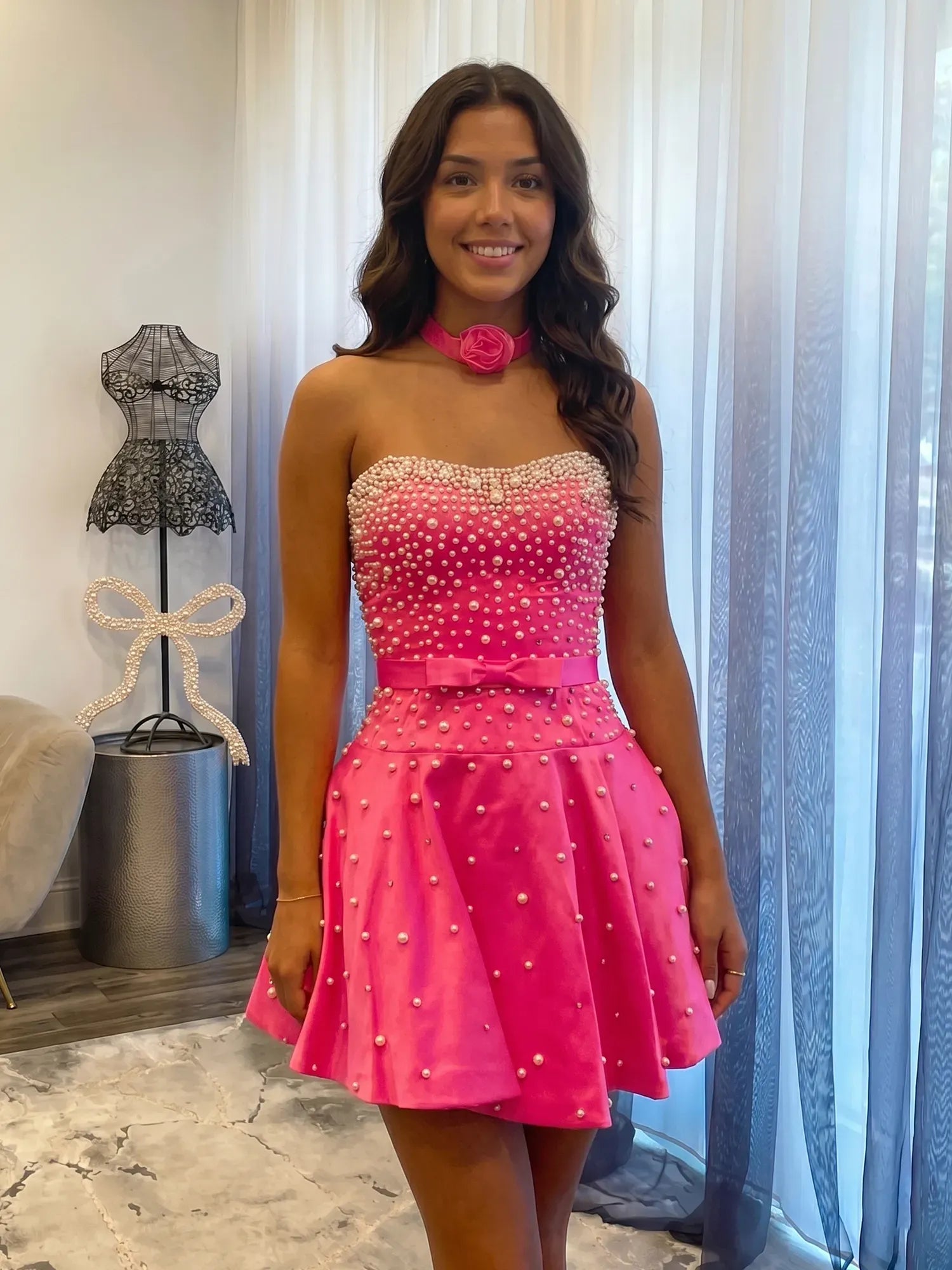 Pearl Beaded Strapless Short Homecoming Dress with Rose Choker